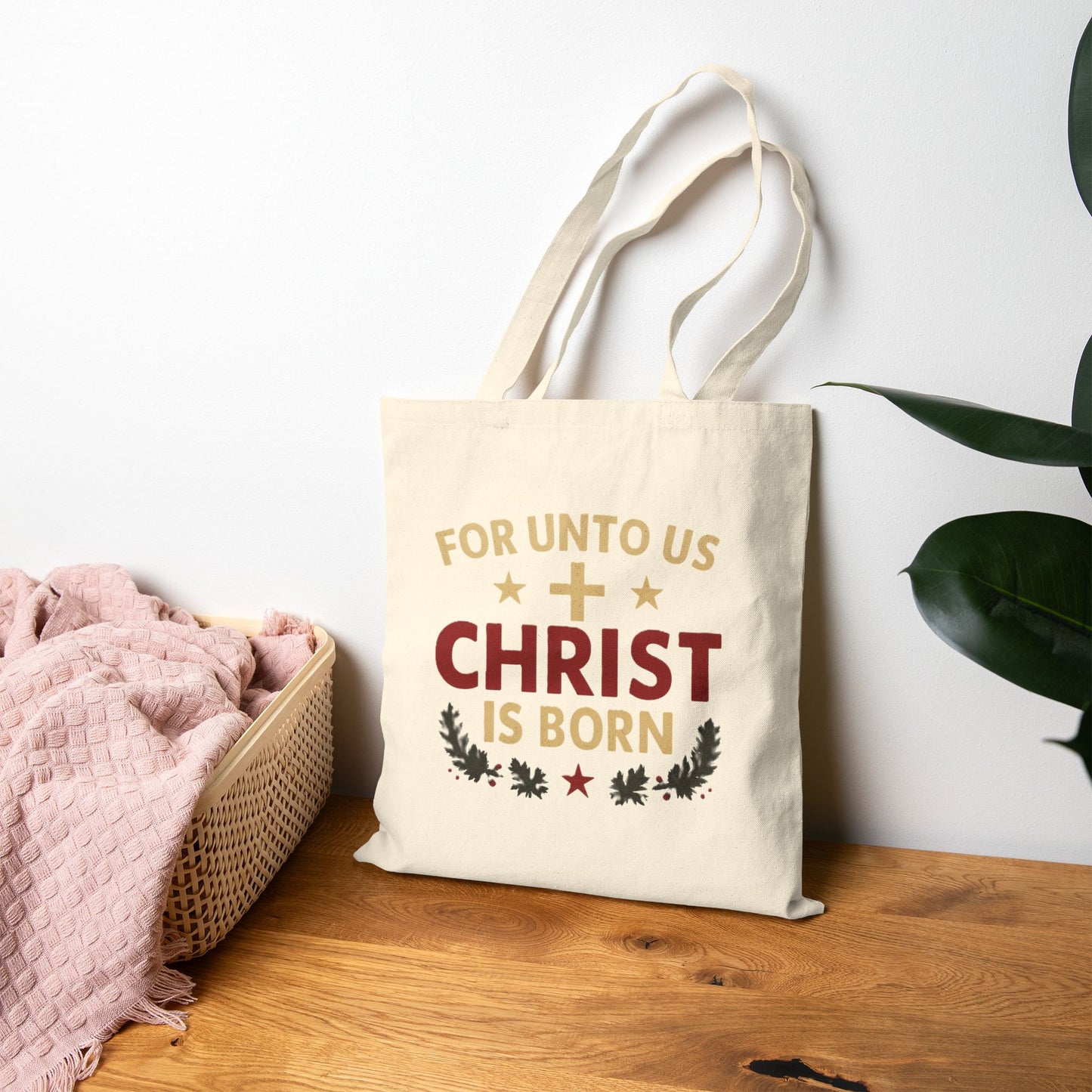 Christian Cotton Canvas Tote Bag — "For Unto Us Christ Is Born" Nativity Gospel Tote