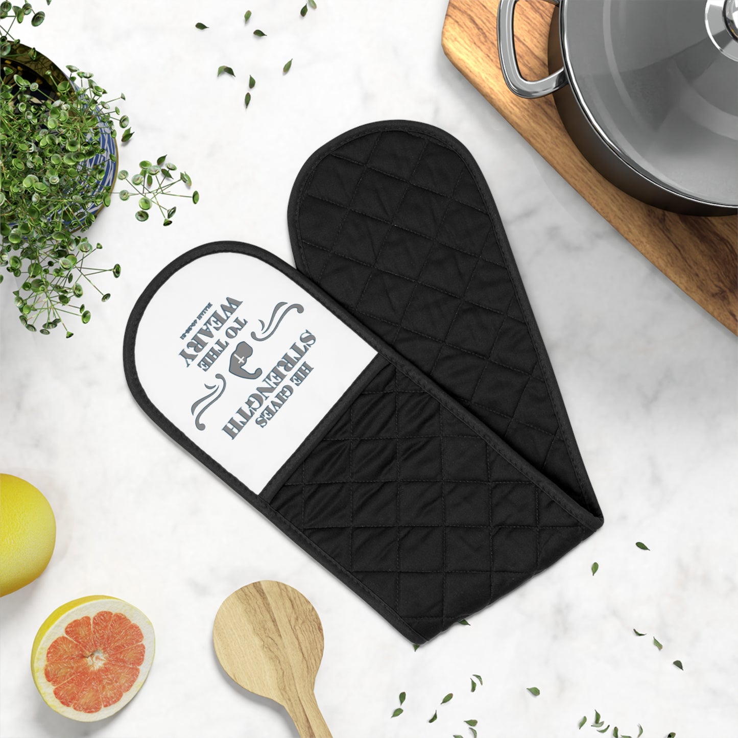 Oven Mitts - Bible Verse Isaiah 40:29-31 'He gives Strength to the Weary'