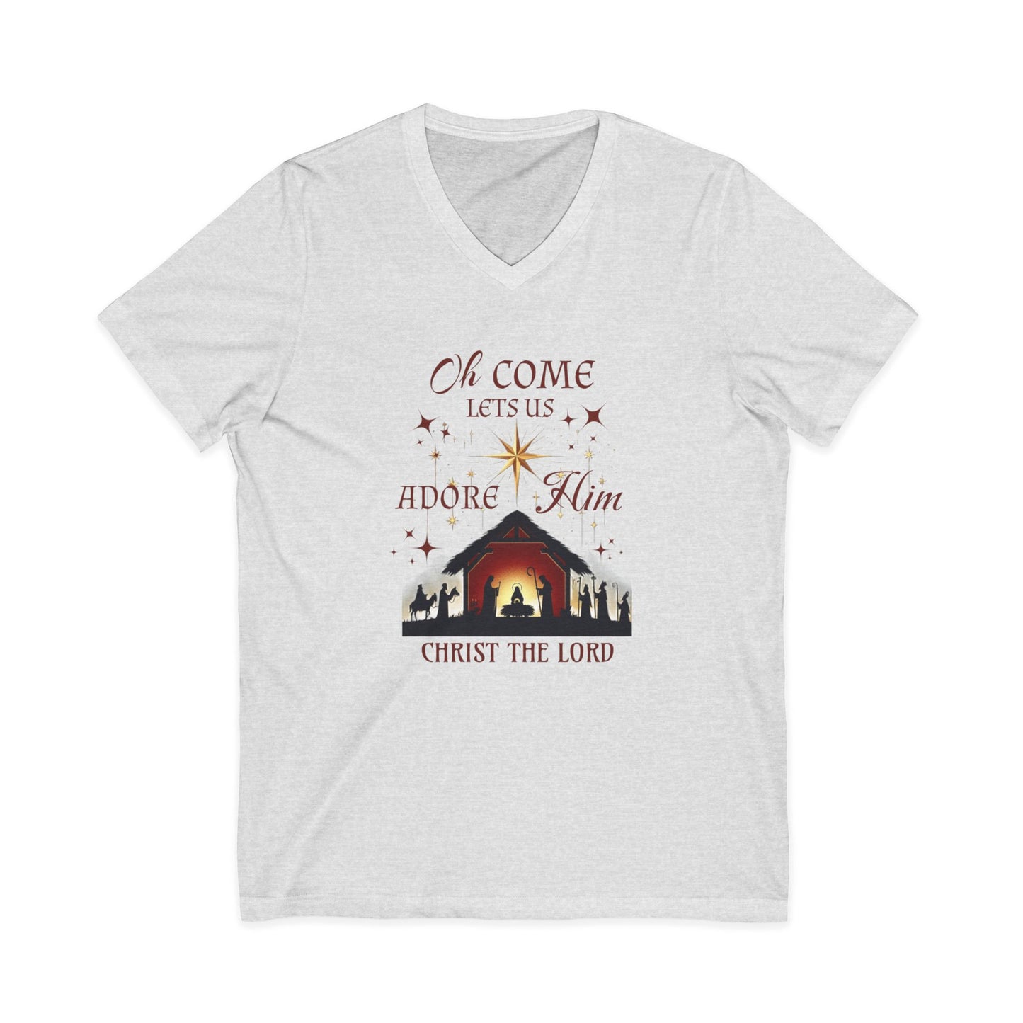 V-Neck Tee Nativity Scene 'Oh come let us adore Him, Christ the Lord'