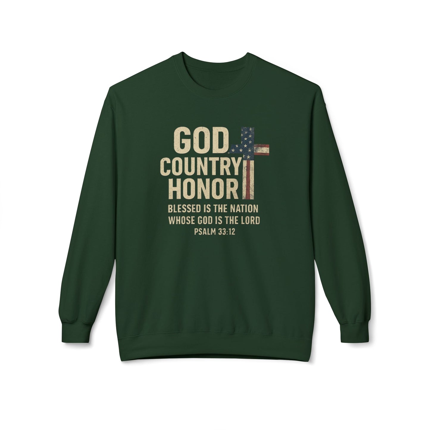 God, Country, Honor with American Flag Shaped Cross Sweatshirt -
