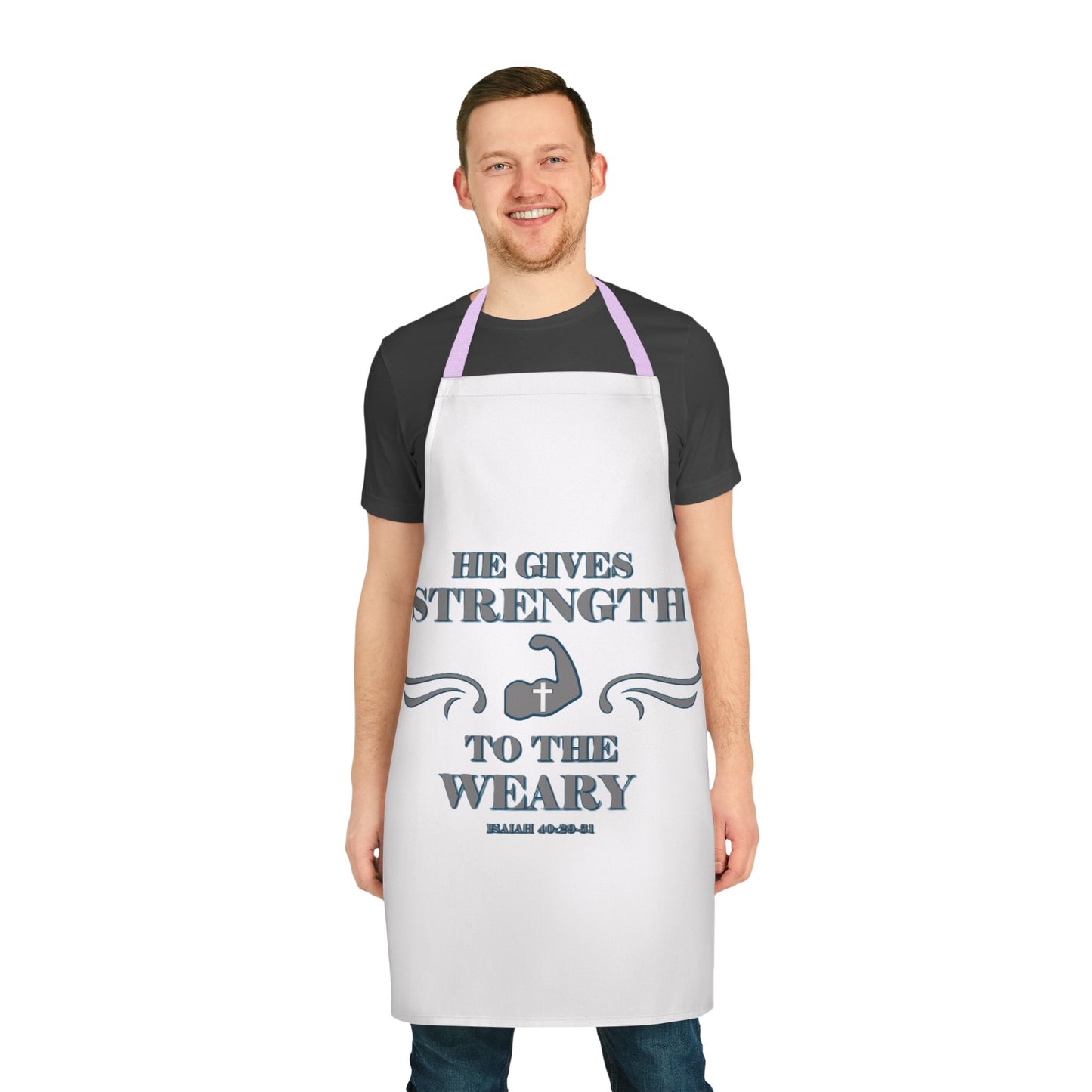 Apron, 5-Color Straps (AOP) Bible Verse Isaiah 40:29-31 'He gives Strength to the Weary'