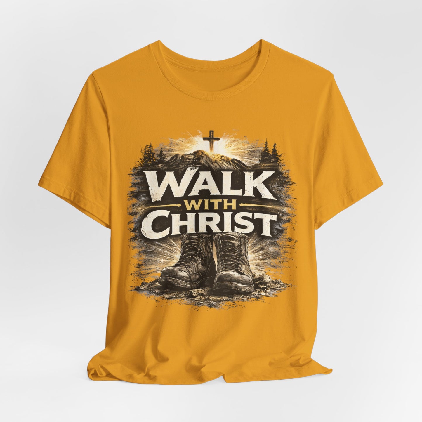 Walk With Christ T-Shirt — Christian Faith Tee with Boots & Cross Design