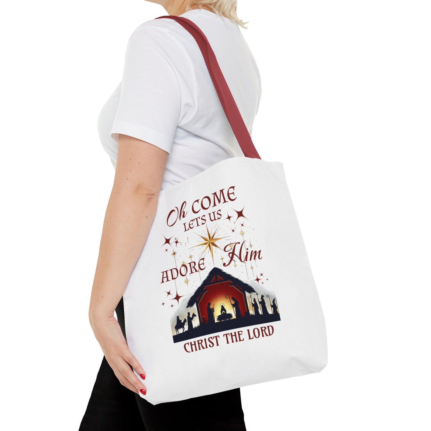 Nativity Scene Tote Bag with 'Oh come let us adore Him, Christ the Lord' Phrase