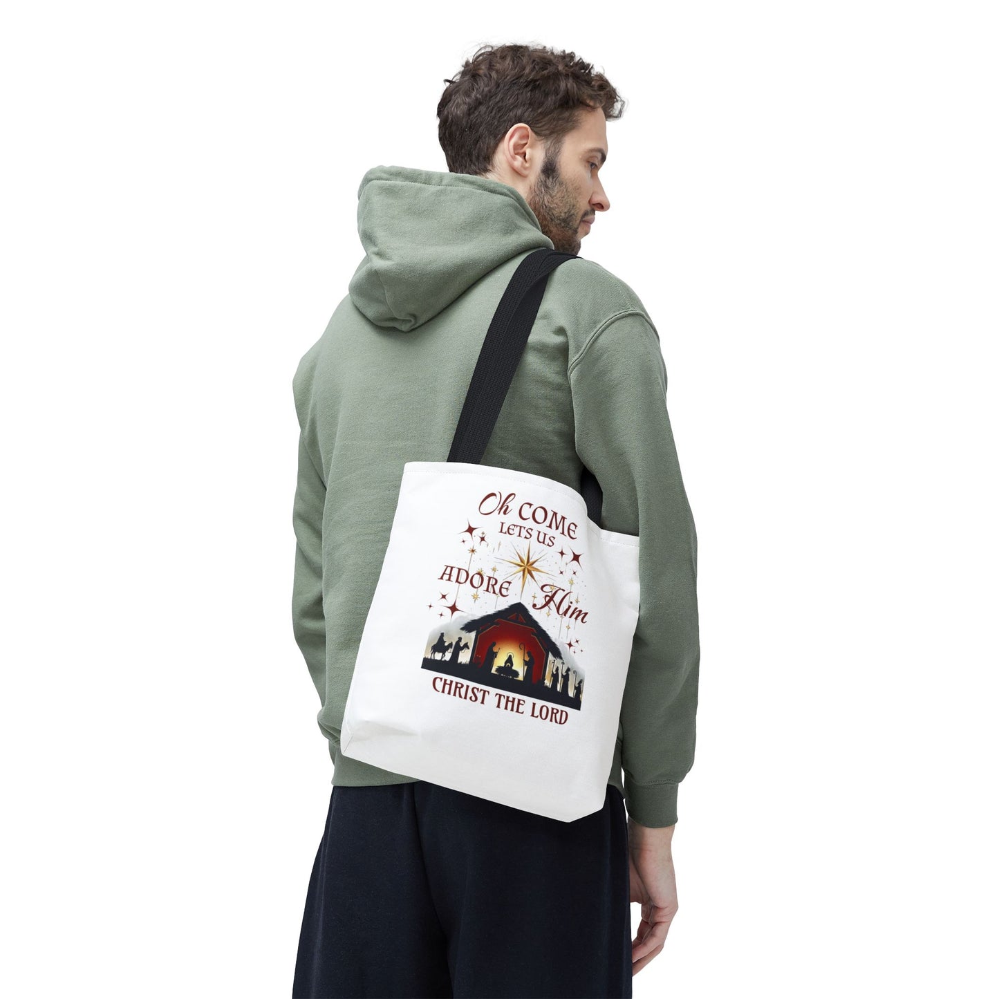 Nativity Scene Tote Bag with 'Oh come let us adore Him, Christ the Lord' Phrase
