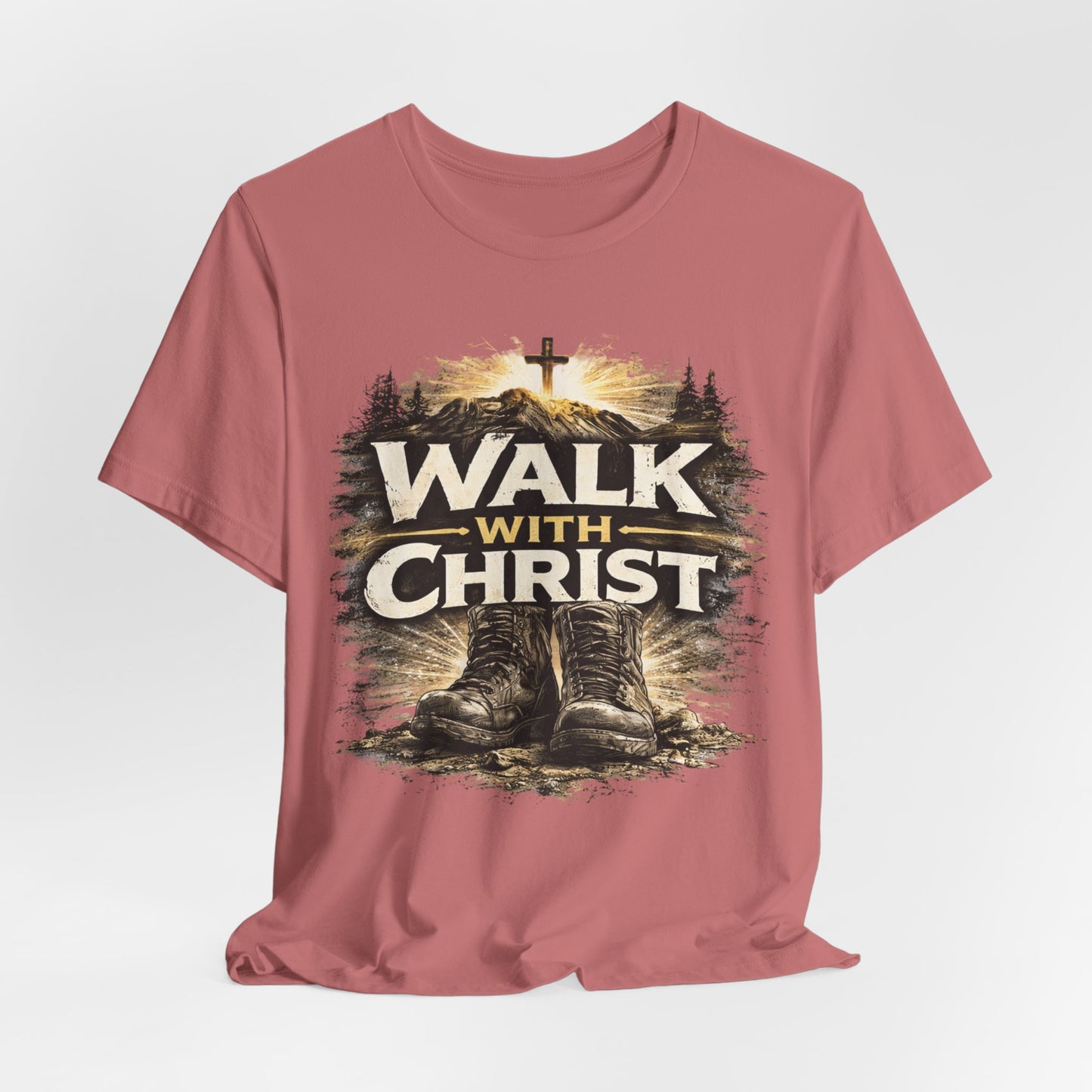 Walk With Christ T-Shirt — Christian Faith Tee with Boots & Cross Design