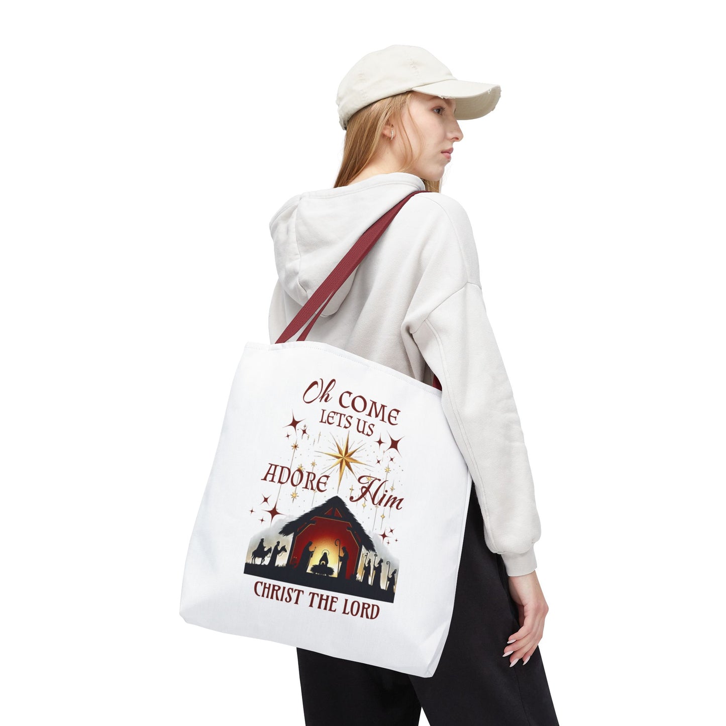 Nativity Scene Tote Bag with 'Oh come let us adore Him, Christ the Lord' Phrase