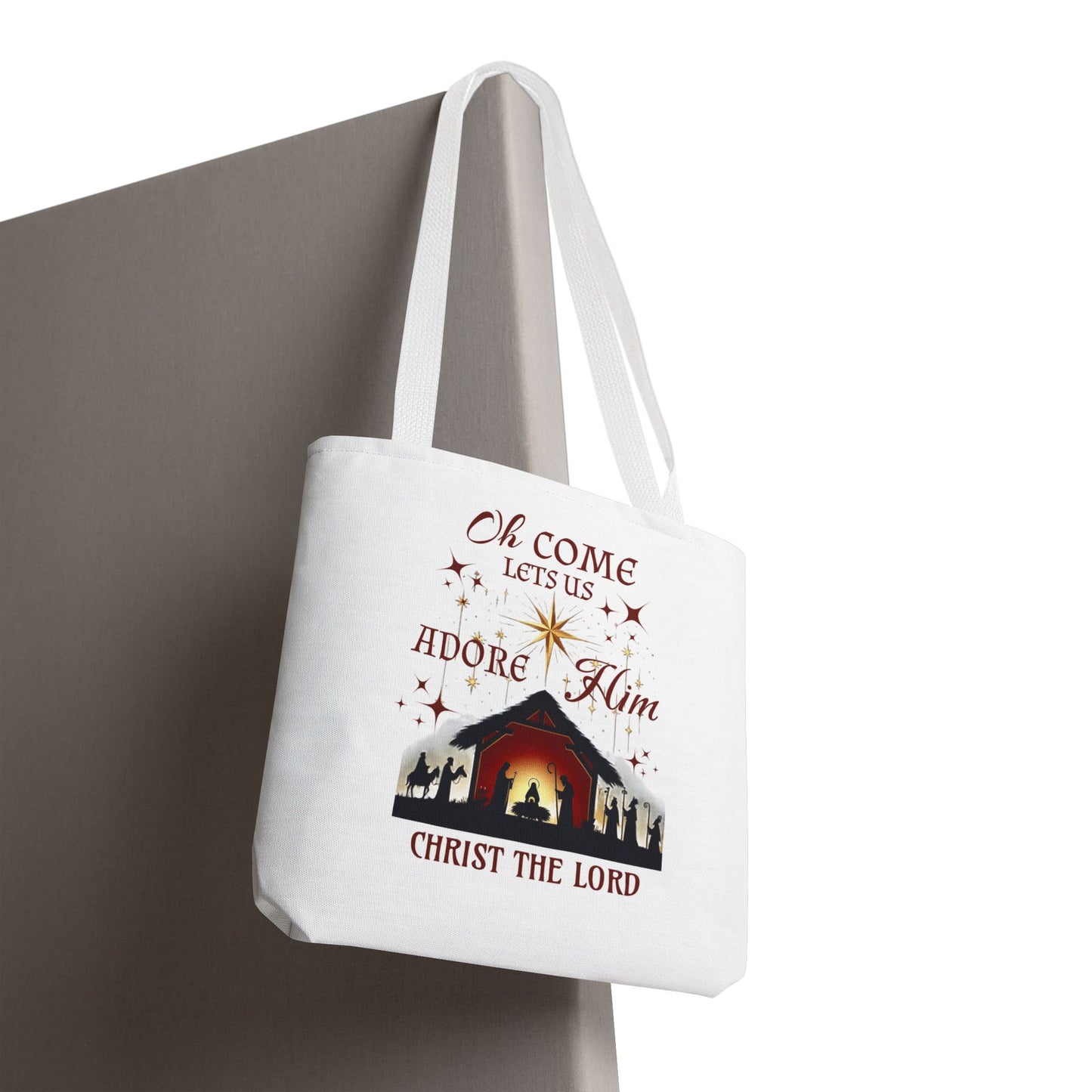 Nativity Scene Tote Bag with 'Oh come let us adore Him, Christ the Lord' Phrase