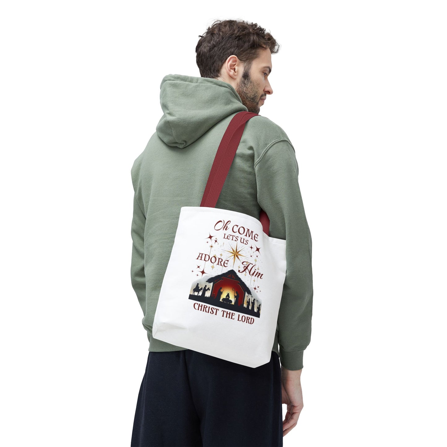Nativity Scene Tote Bag with 'Oh come let us adore Him, Christ the Lord' Phrase