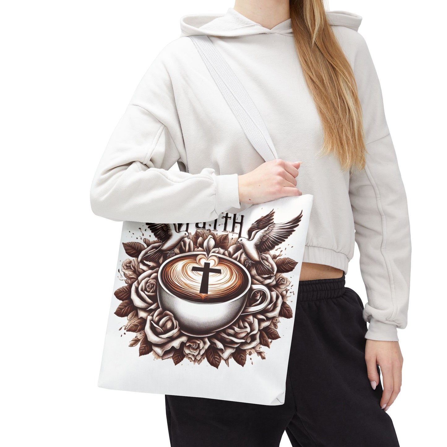 Tote Bag (AOP) "Faith and Coffee"