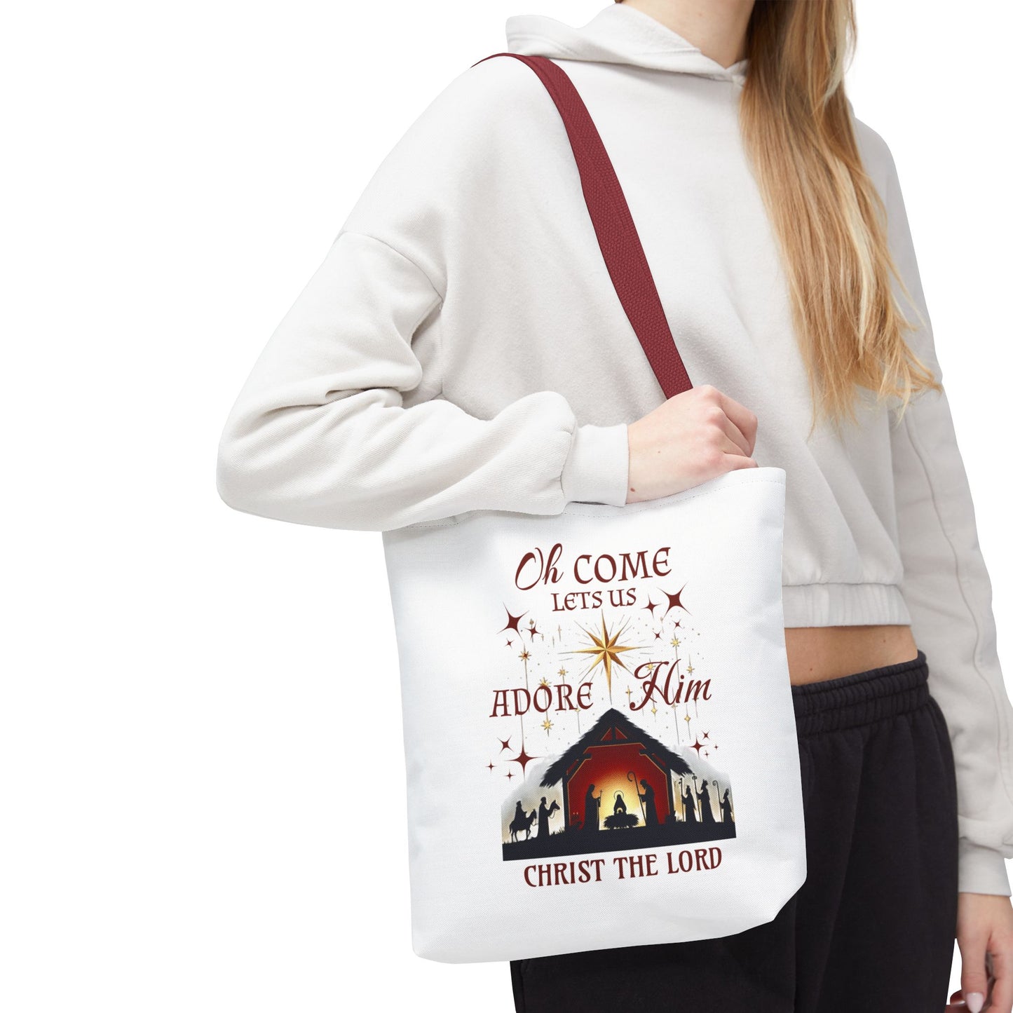 Nativity Scene Tote Bag with 'Oh come let us adore Him, Christ the Lord' Phrase