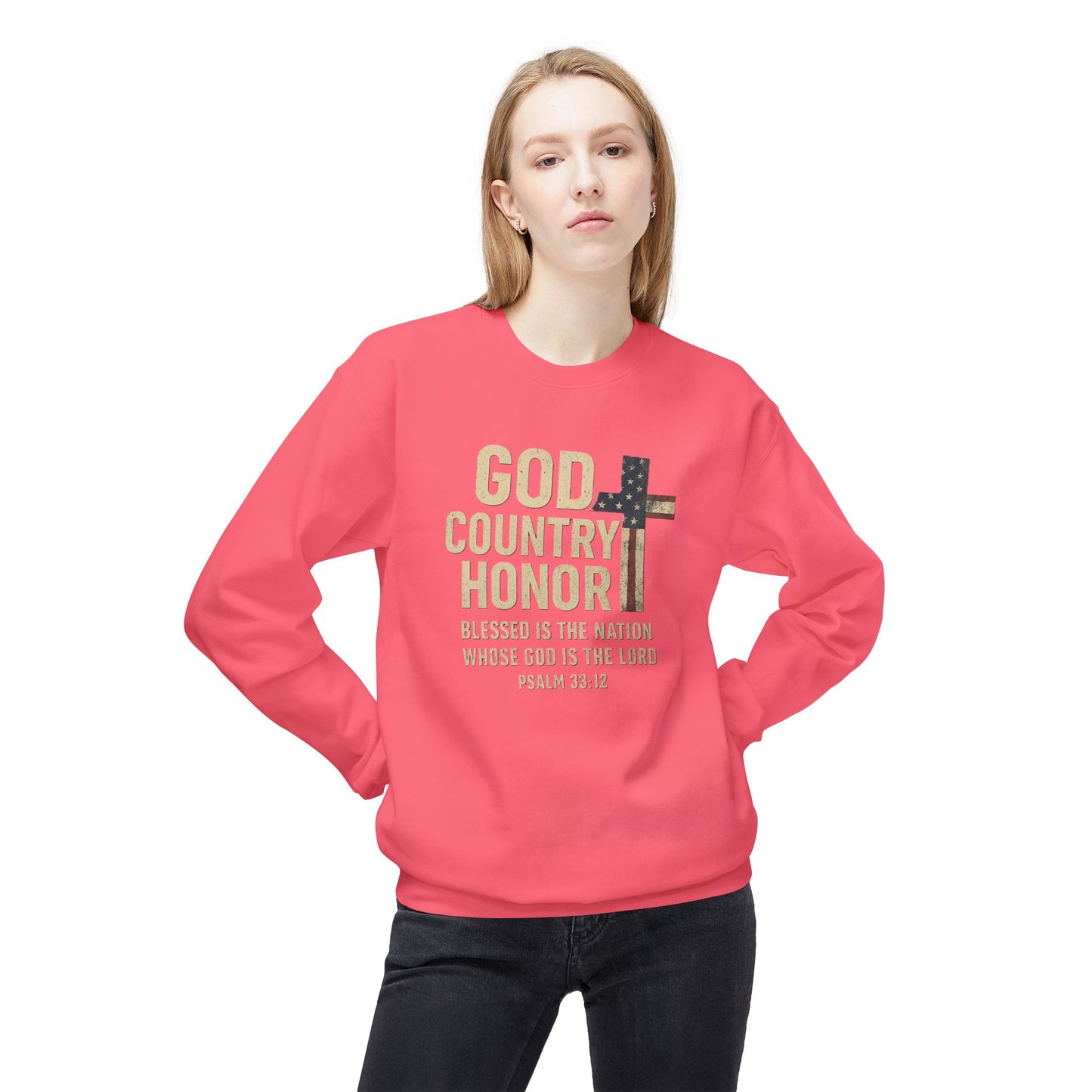 God, Country, Honor with American Flag Shaped Cross Sweatshirt -
