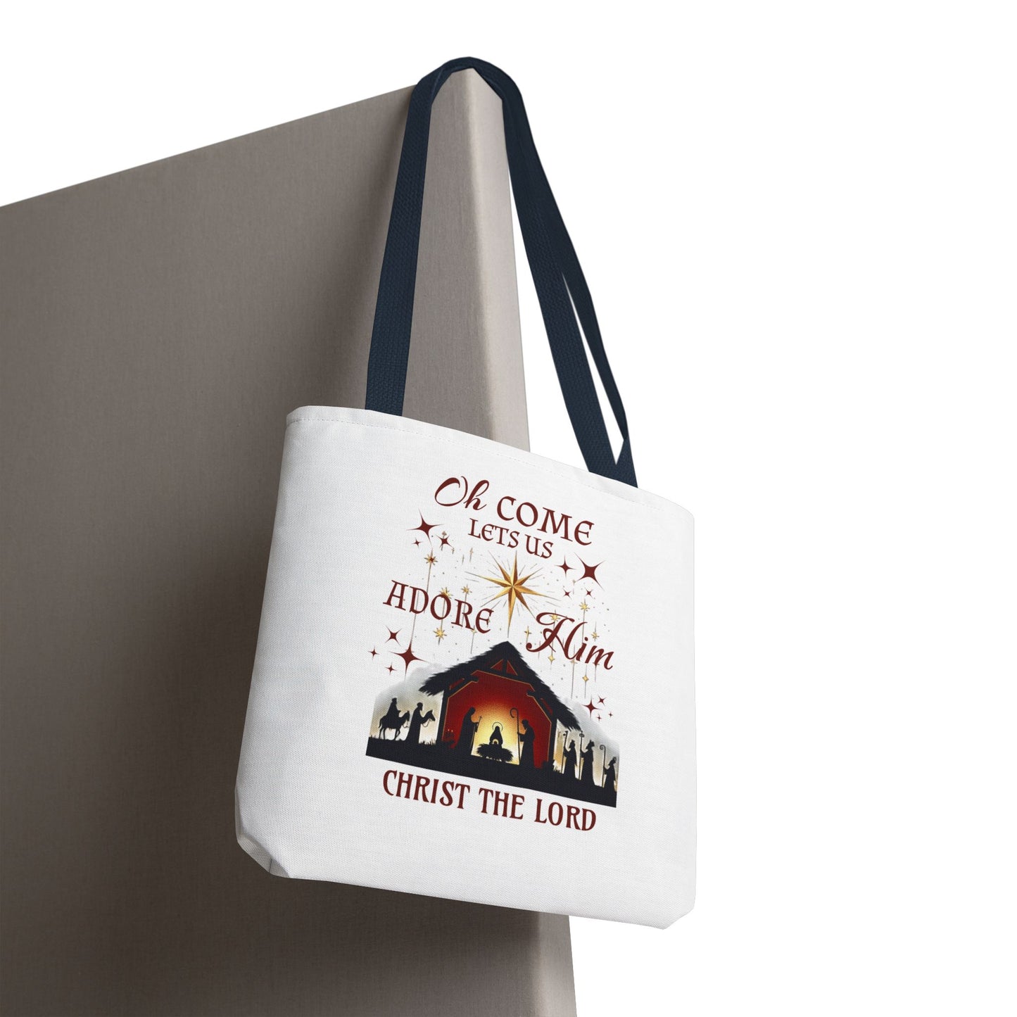 Nativity Scene Tote Bag with 'Oh come let us adore Him, Christ the Lord' Phrase
