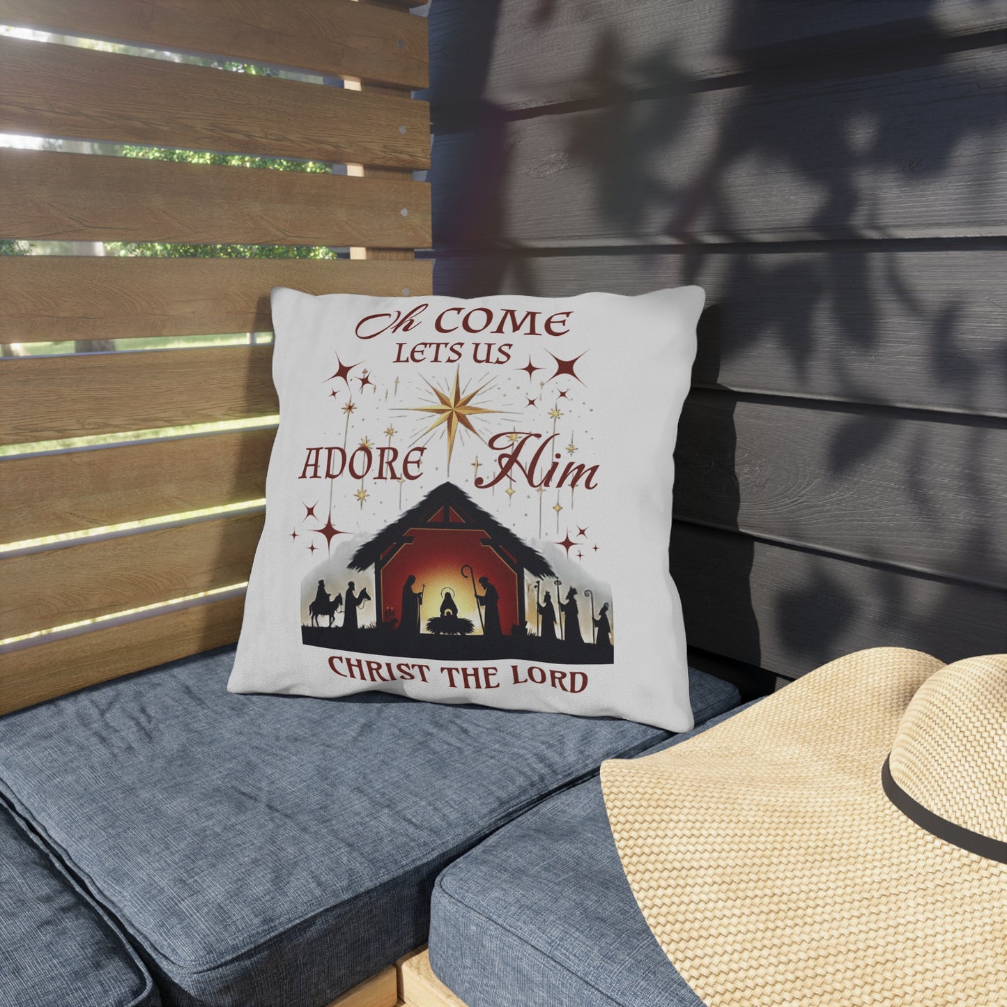 Outdoor Pillows - Nativity scene with 'Oh come let us adore Him, Christ the Lord'