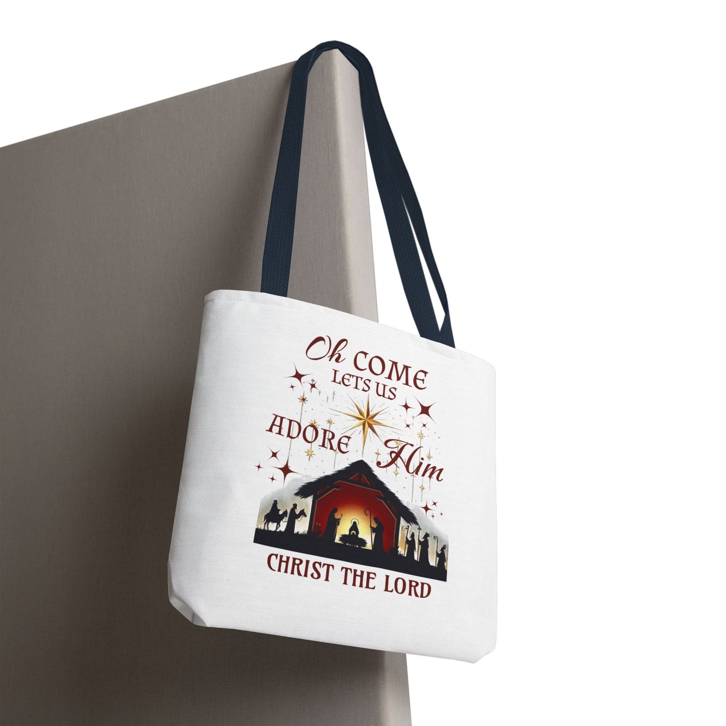 Nativity Scene Tote Bag with 'Oh come let us adore Him, Christ the Lord' Phrase