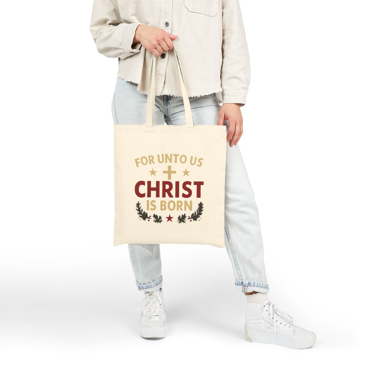 Christian Cotton Canvas Tote Bag — "For Unto Us Christ Is Born" Nativity Gospel Tote