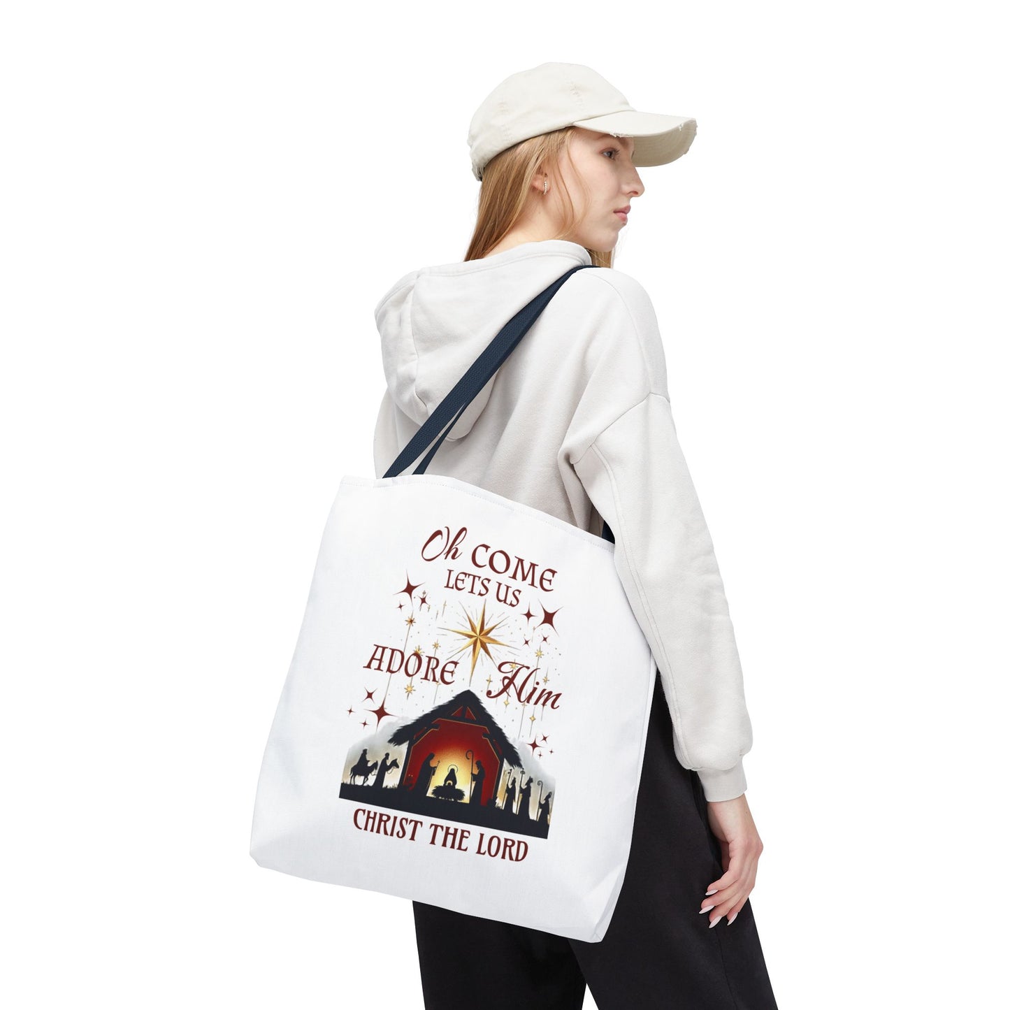 Nativity Scene Tote Bag with 'Oh come let us adore Him, Christ the Lord' Phrase