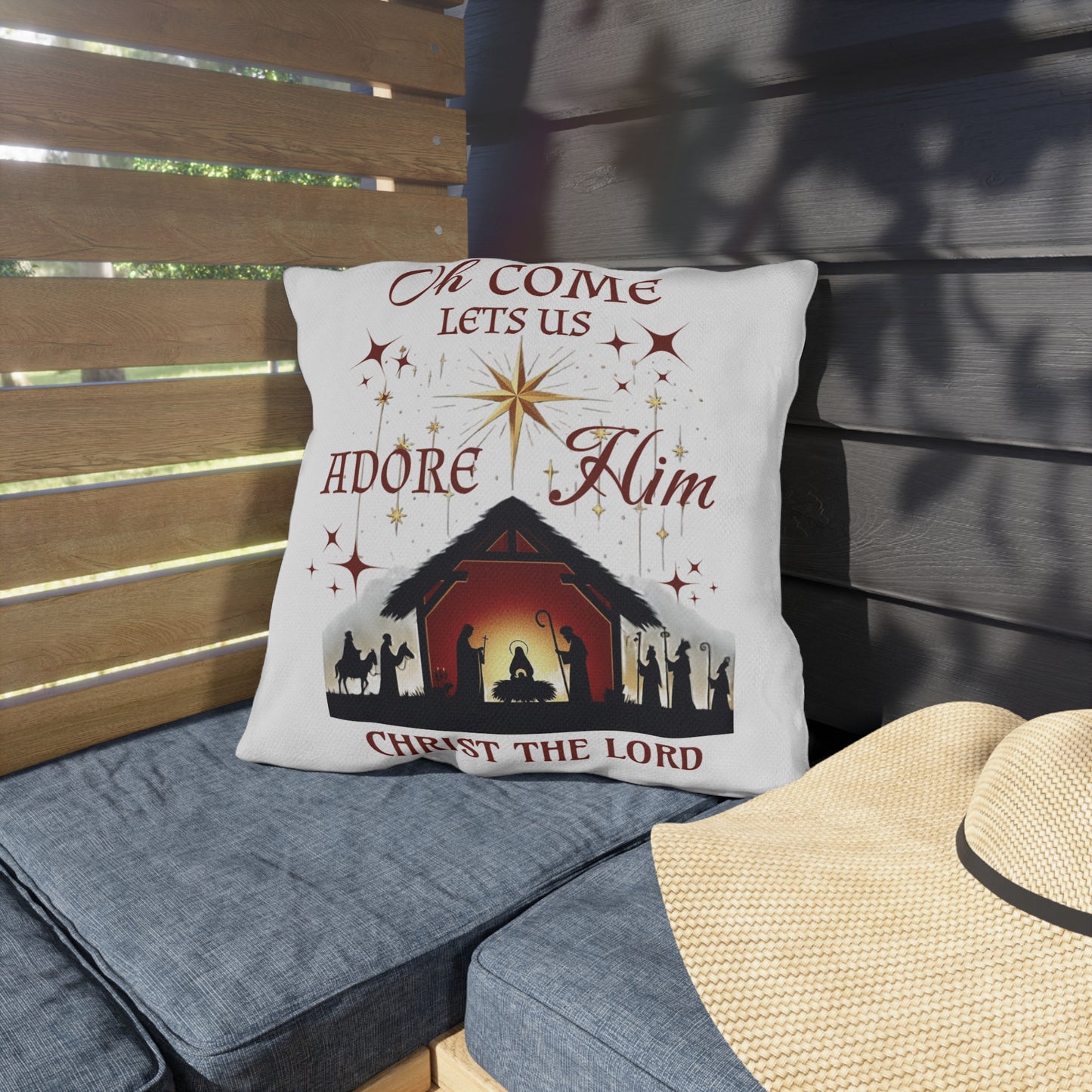 Outdoor Pillows - Nativity scene with 'Oh come let us adore Him, Christ the Lord'