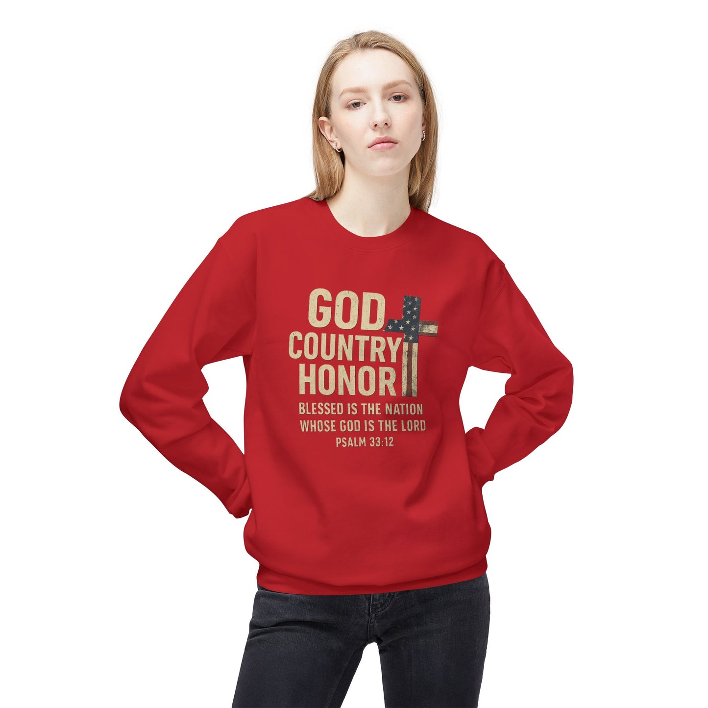 God, Country, Honor with American Flag Shaped Cross Sweatshirt -