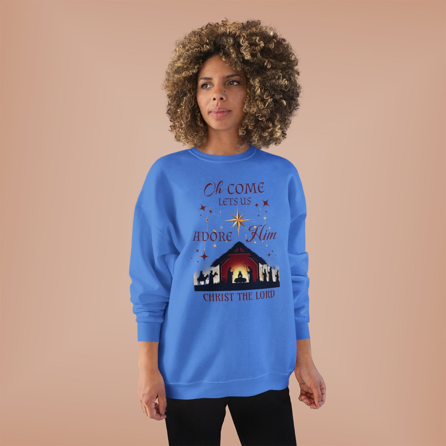 Christmas Nativity Unisex Sweatshirt with 'Oh come let us adore him, Christ the Lord' Design