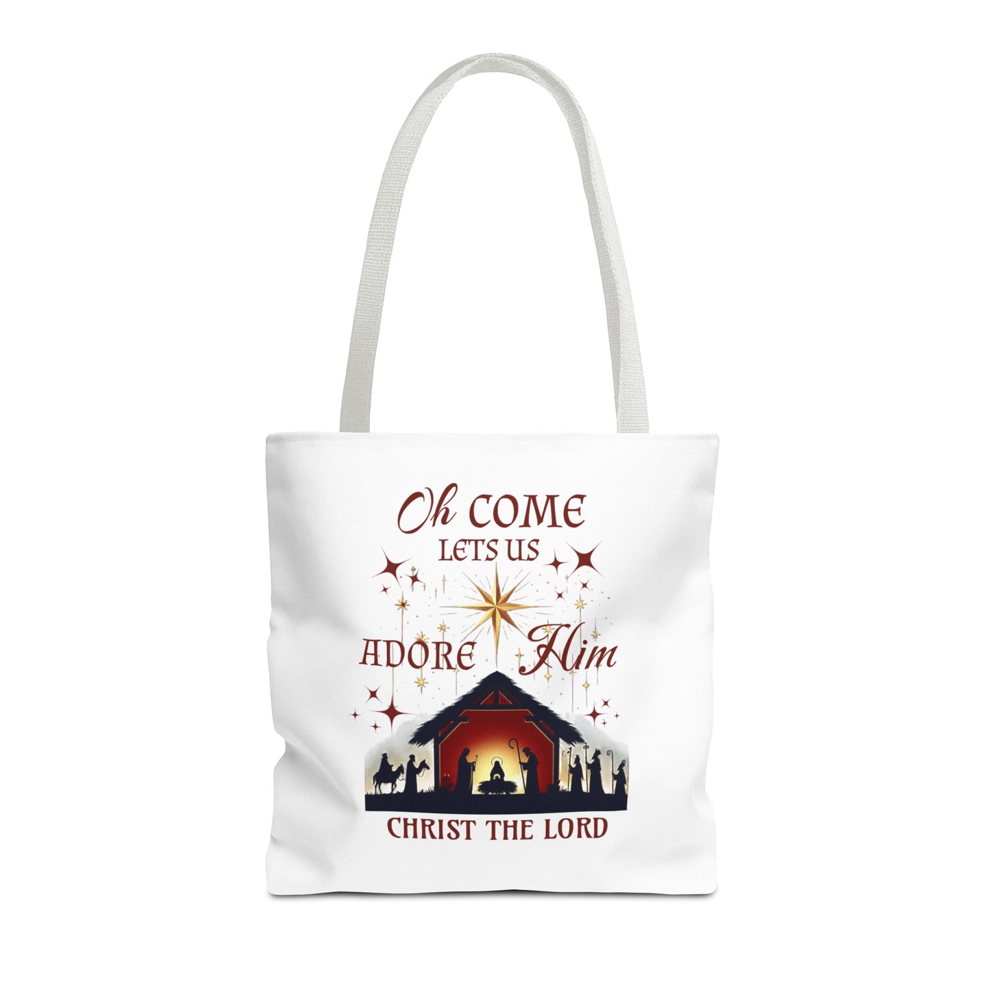 Nativity Scene Tote Bag with 'Oh come let us adore Him, Christ the Lord' Phrase