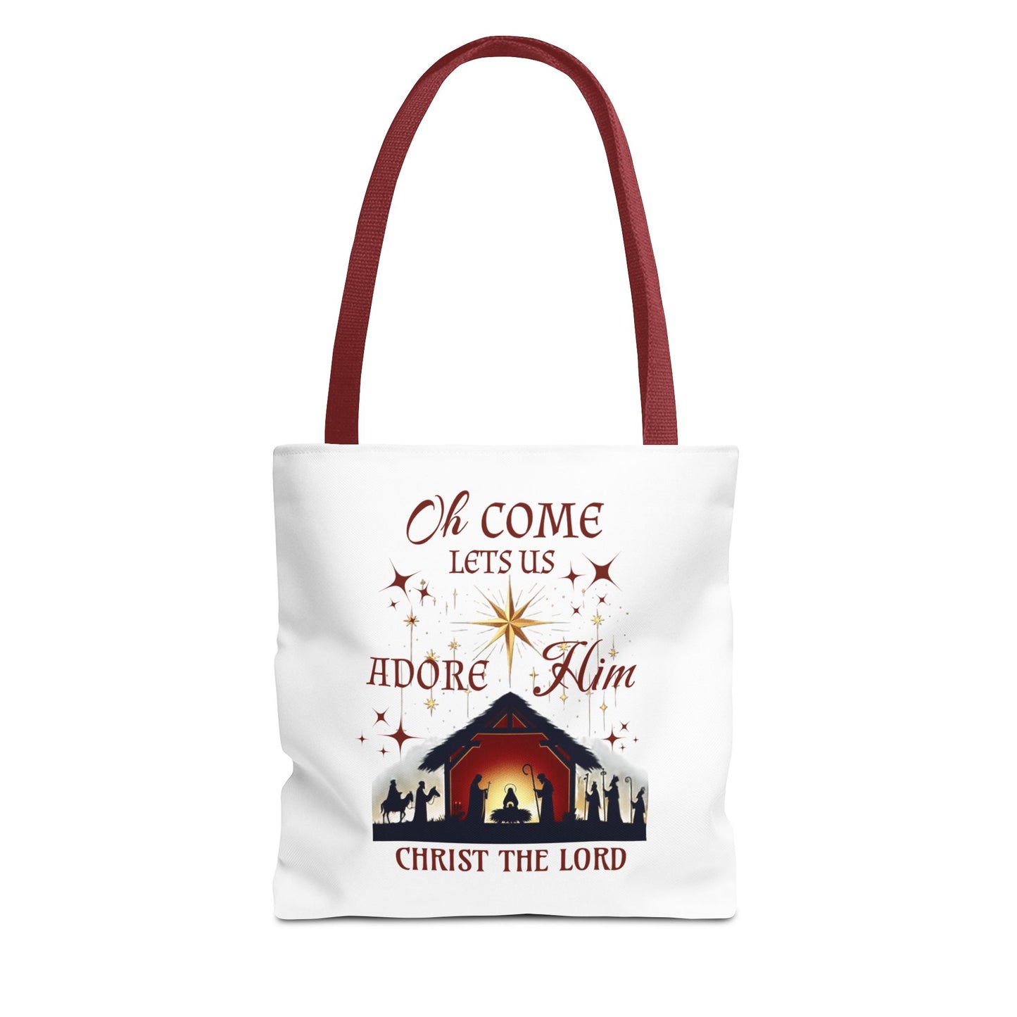 Nativity Scene Tote Bag with 'Oh come let us adore Him, Christ the Lord' Phrase