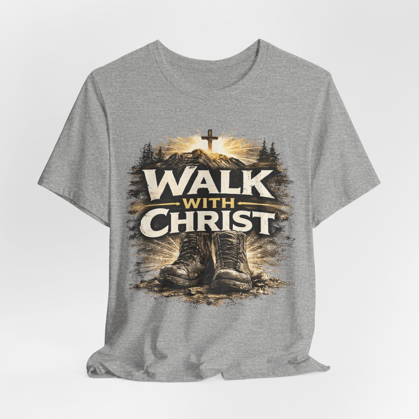 Walk With Christ T-Shirt — Christian Faith Tee with Boots & Cross Design