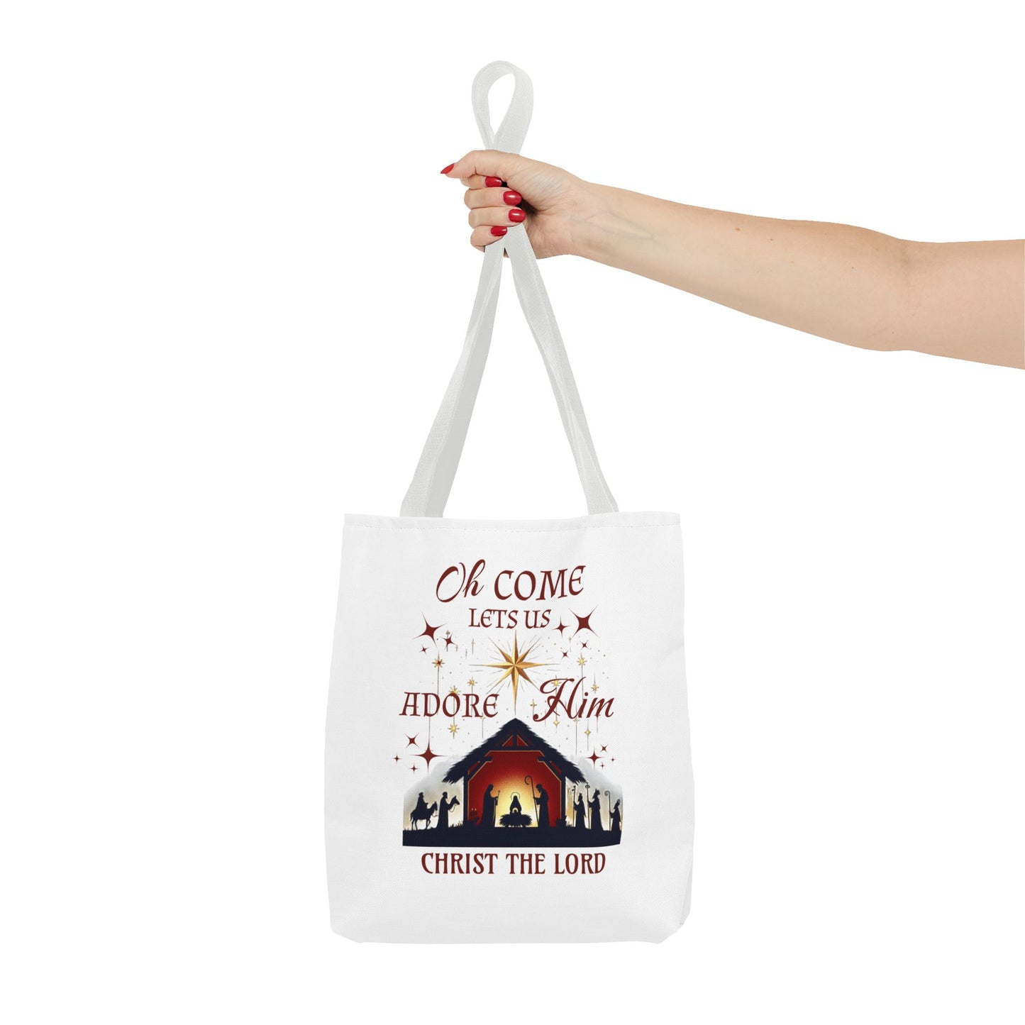 Nativity Scene Tote Bag with 'Oh come let us adore Him, Christ the Lord' Phrase