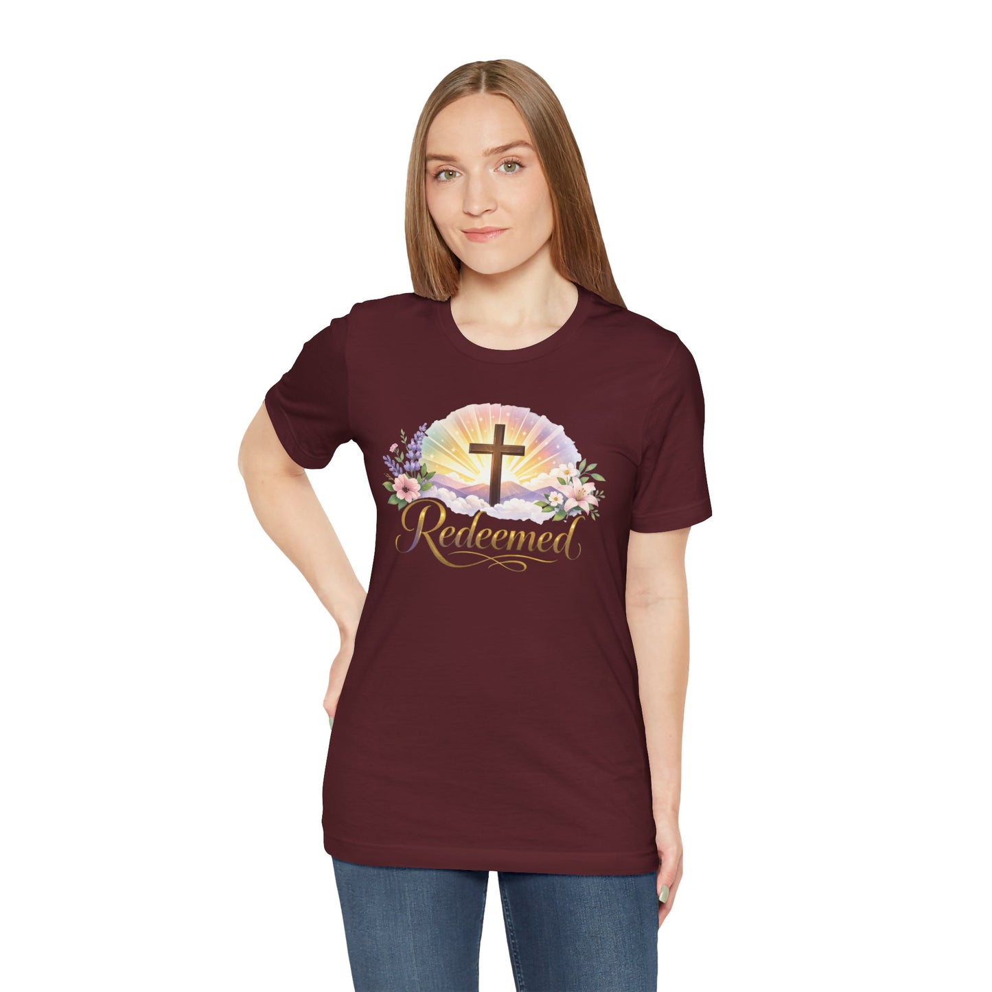 "Redeemed" Cross Floral T-Shirt — Christian Faith Tee