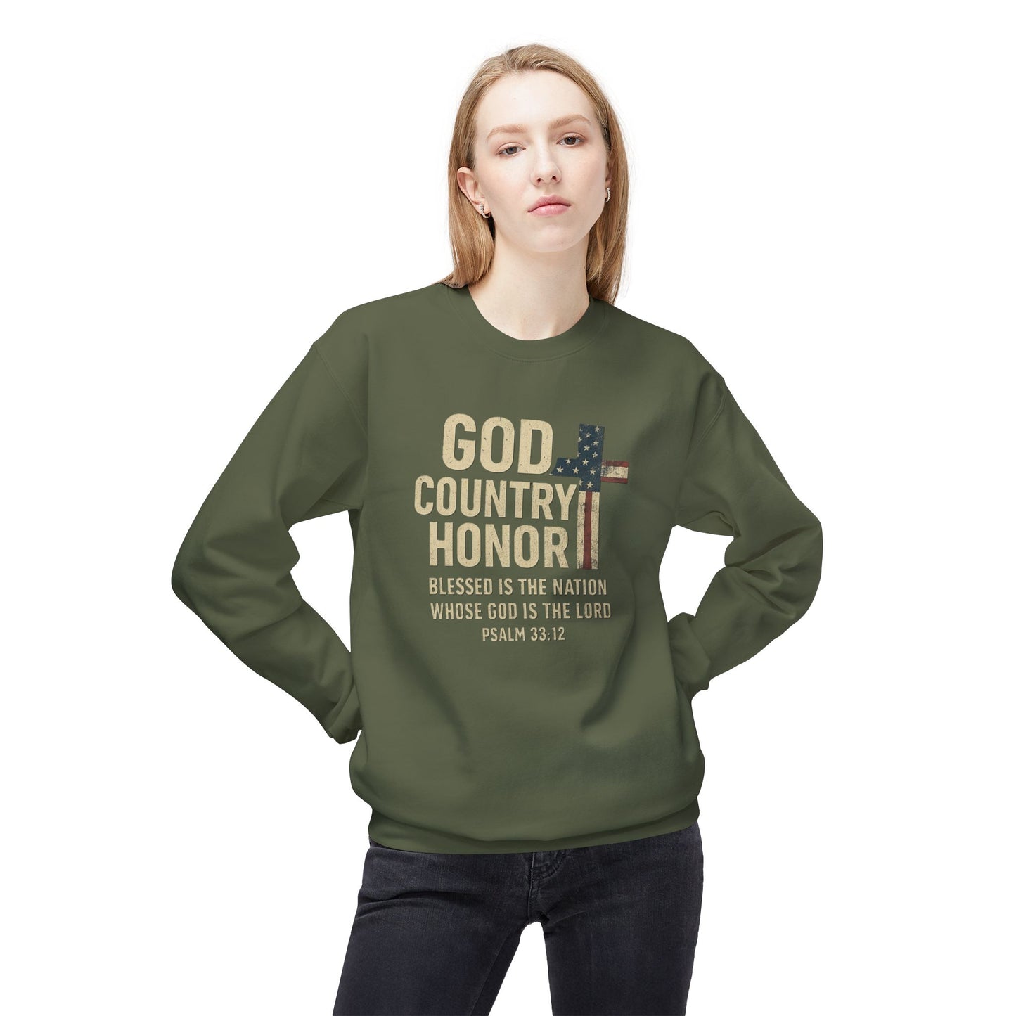 God, Country, Honor with American Flag Shaped Cross Sweatshirt -