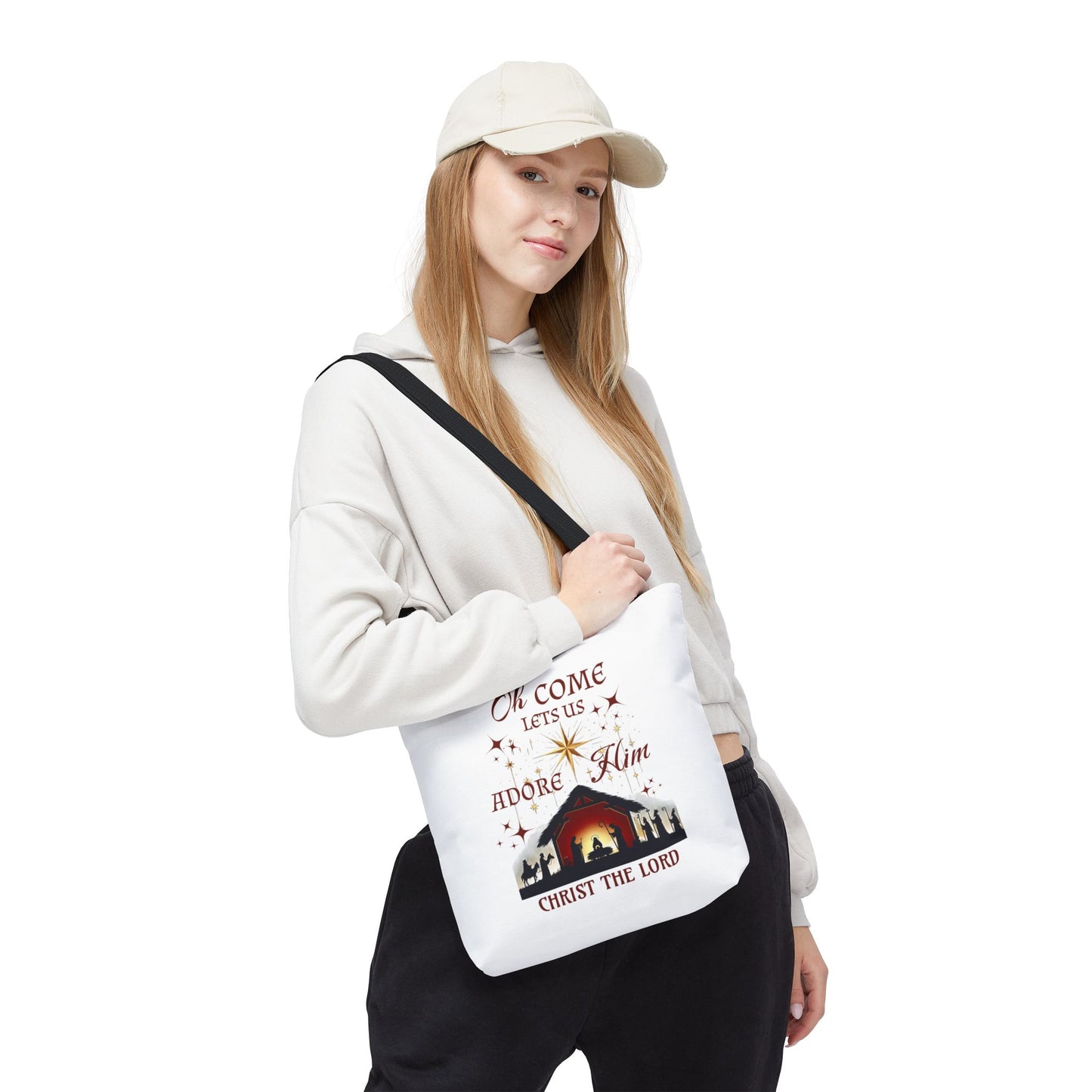 Nativity Scene Tote Bag with 'Oh come let us adore Him, Christ the Lord' Phrase