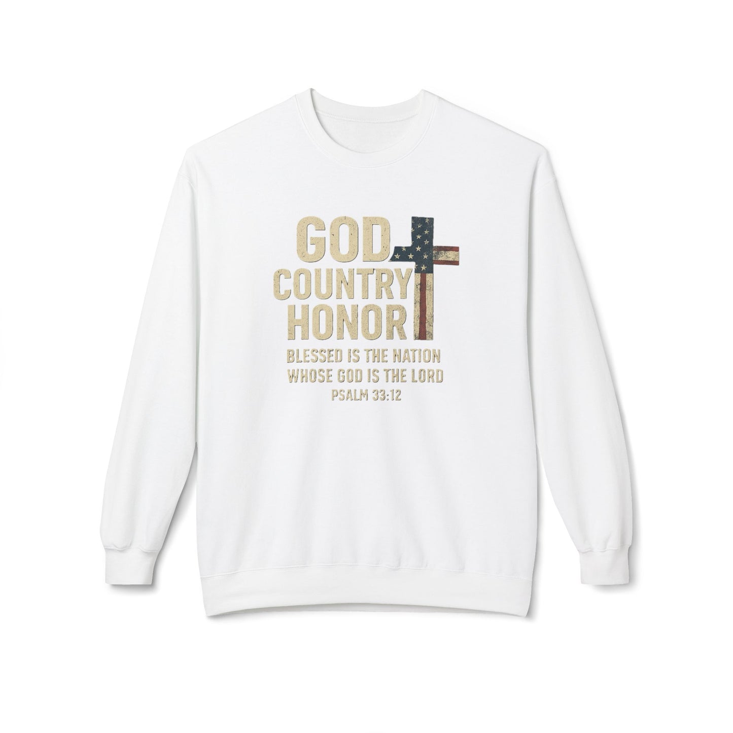 God, Country, Honor with American Flag Shaped Cross Sweatshirt -