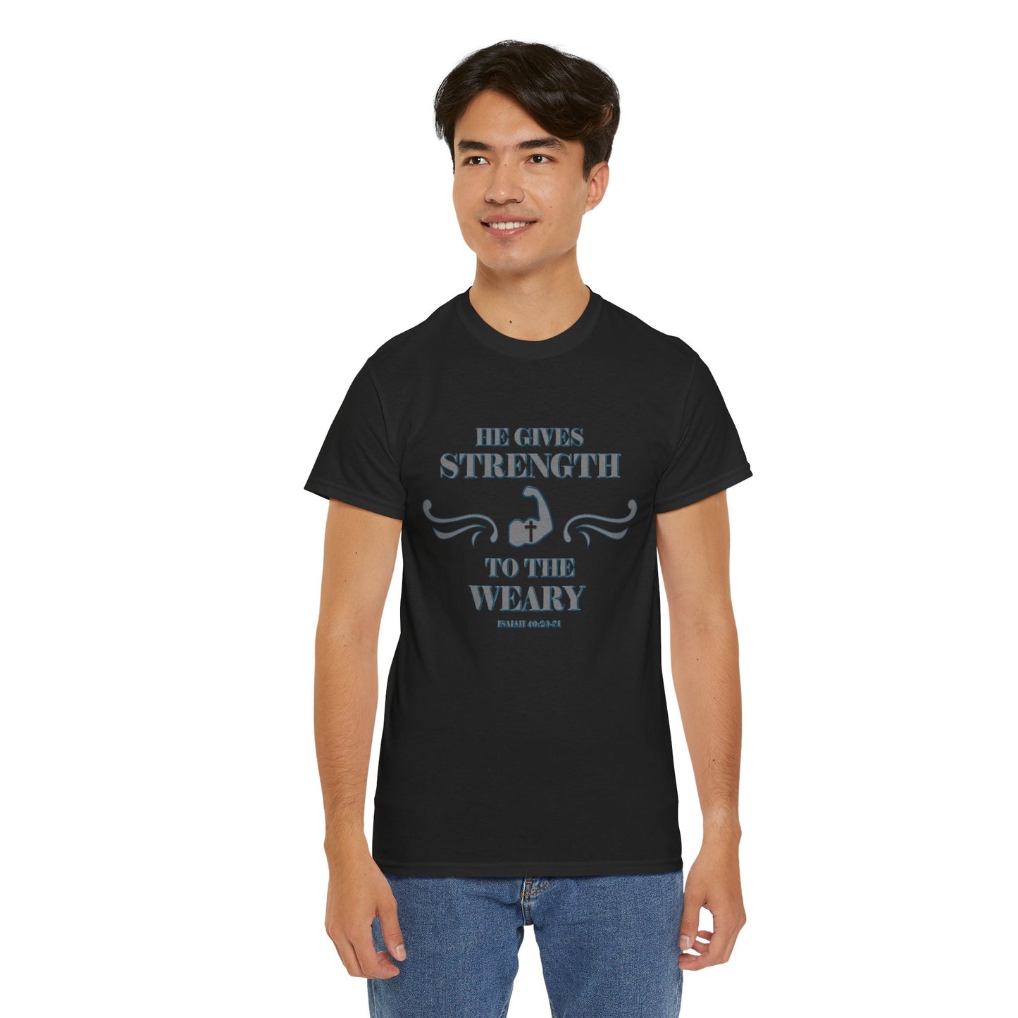 Christian Tee - Bible Verse Isaiah 40:29-31 'He gives Strength to the Weary'