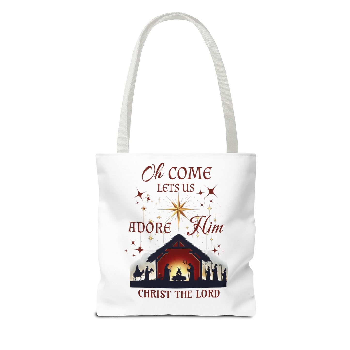 Nativity Scene Tote Bag with 'Oh come let us adore Him, Christ the Lord' Phrase