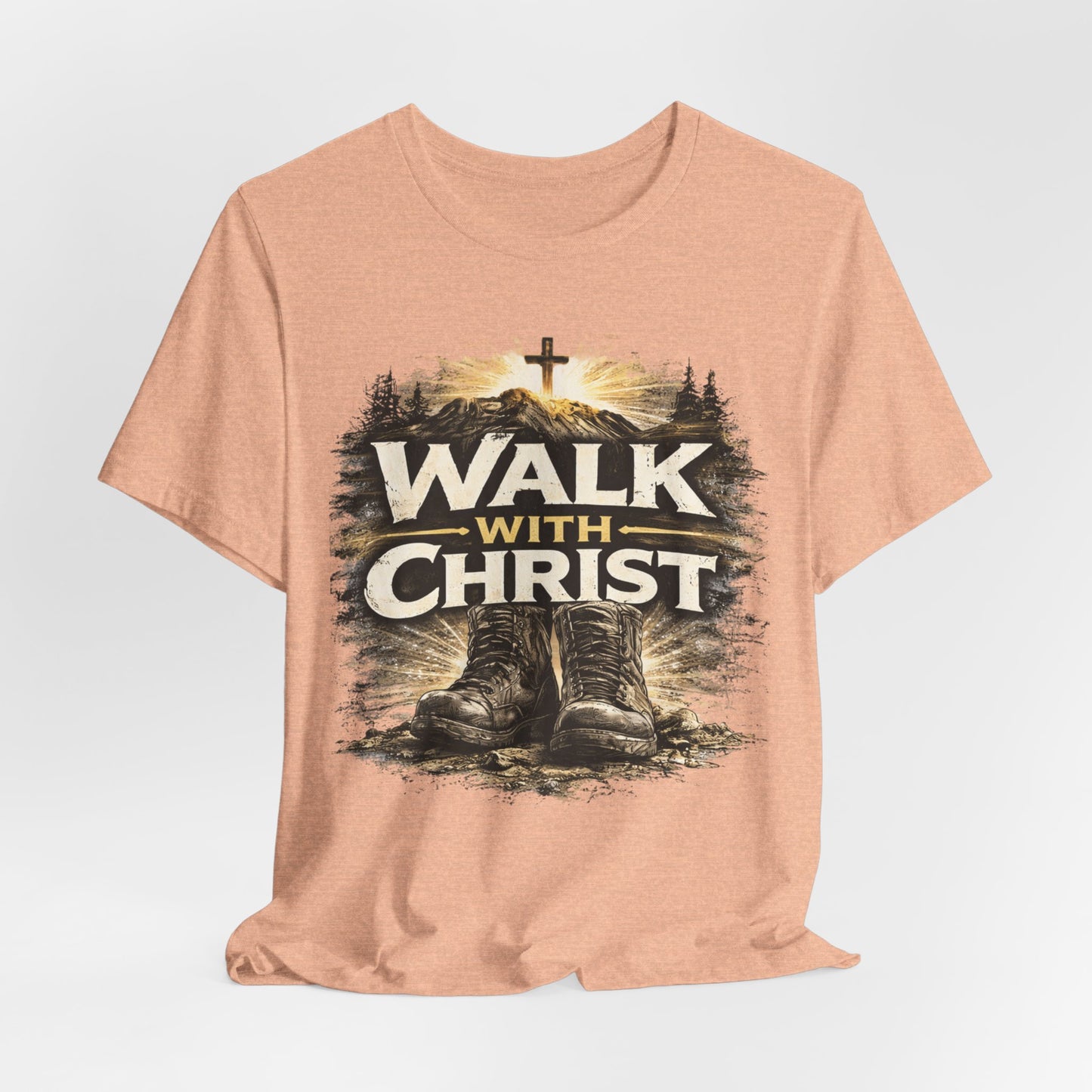 Walk With Christ T-Shirt — Christian Faith Tee with Boots & Cross Design