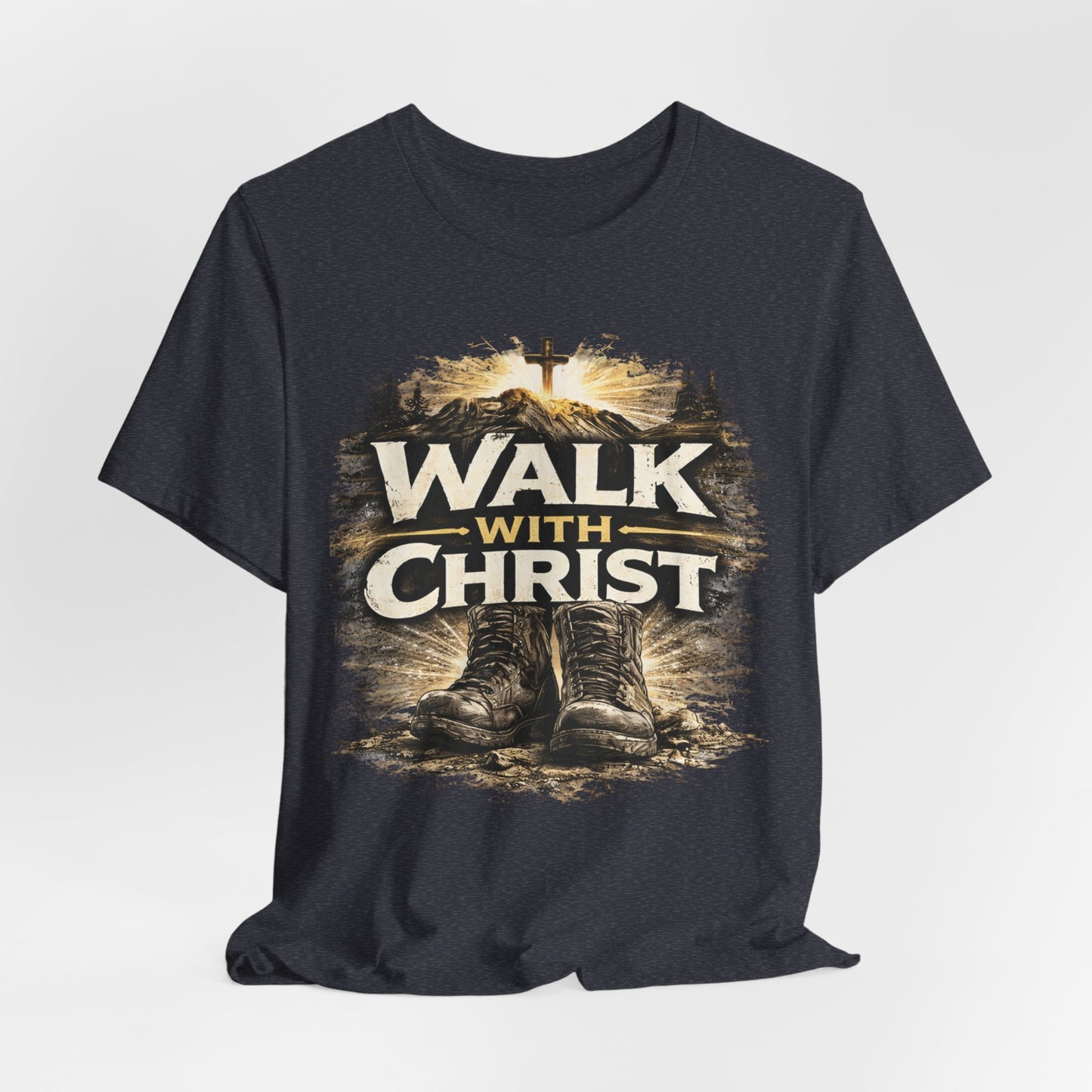 Walk With Christ T-Shirt — Christian Faith Tee with Boots & Cross Design