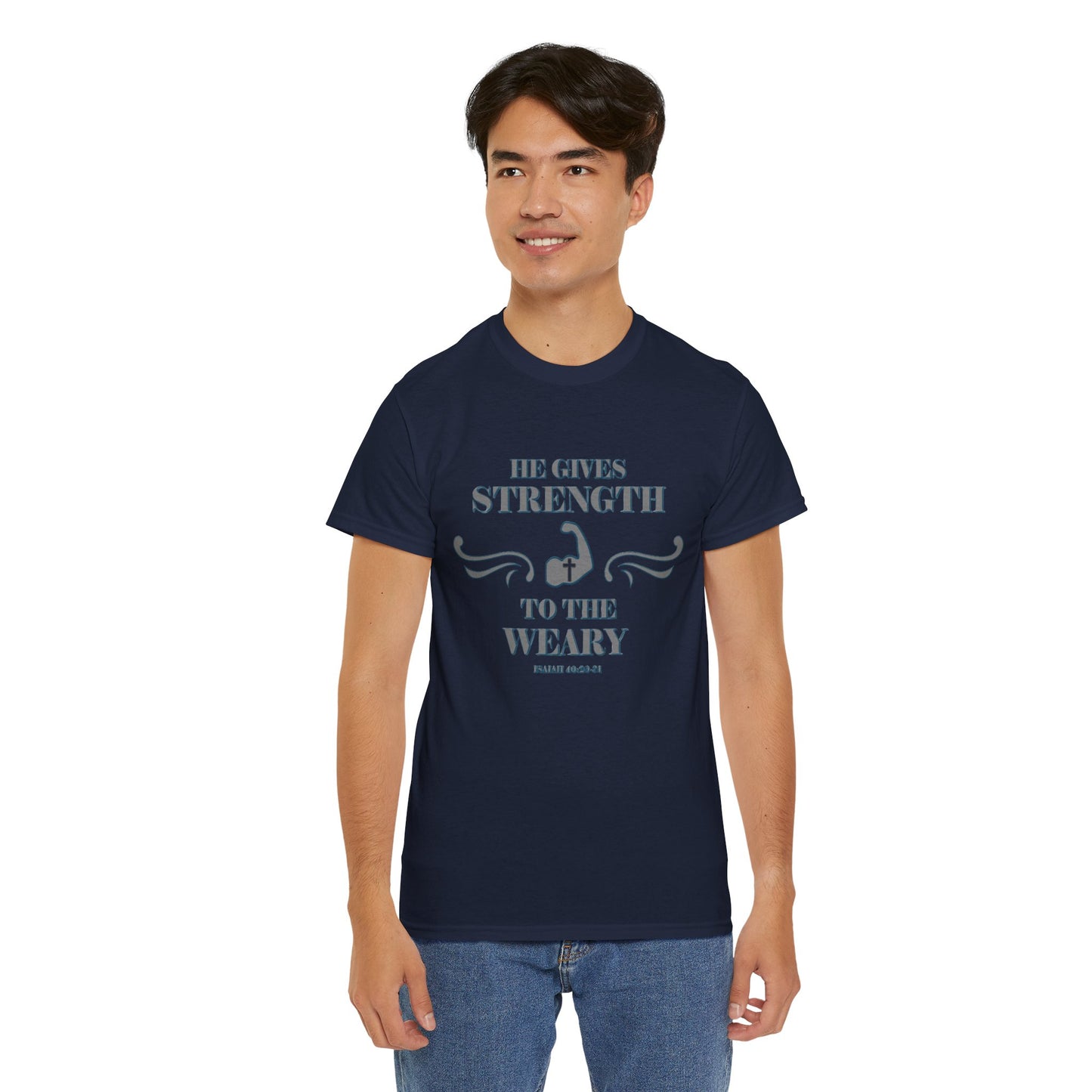 Christian Tee - Bible Verse Isaiah 40:29-31 'He gives Strength to the Weary'