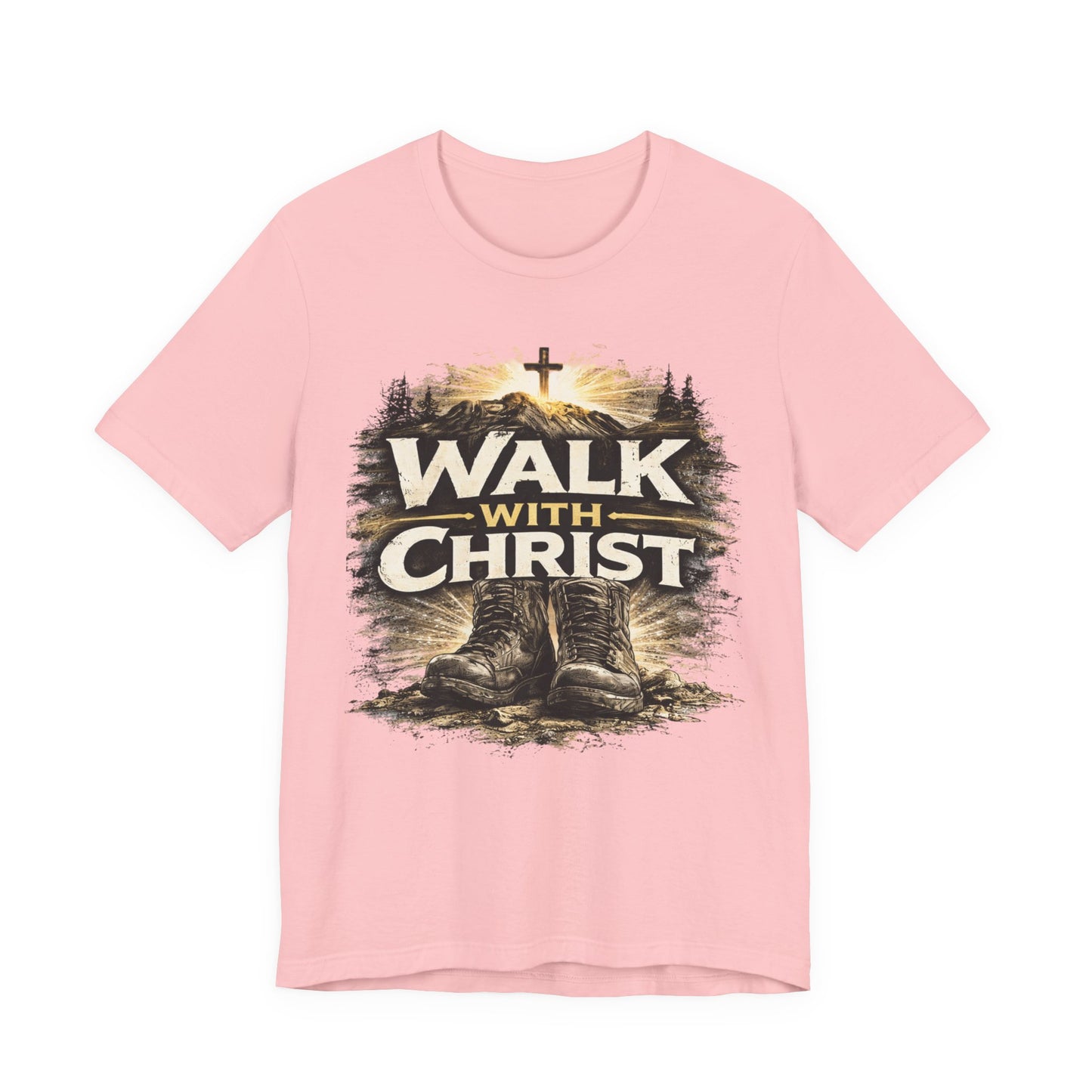 Walk With Christ T-Shirt — Christian Faith Tee with Boots & Cross Design