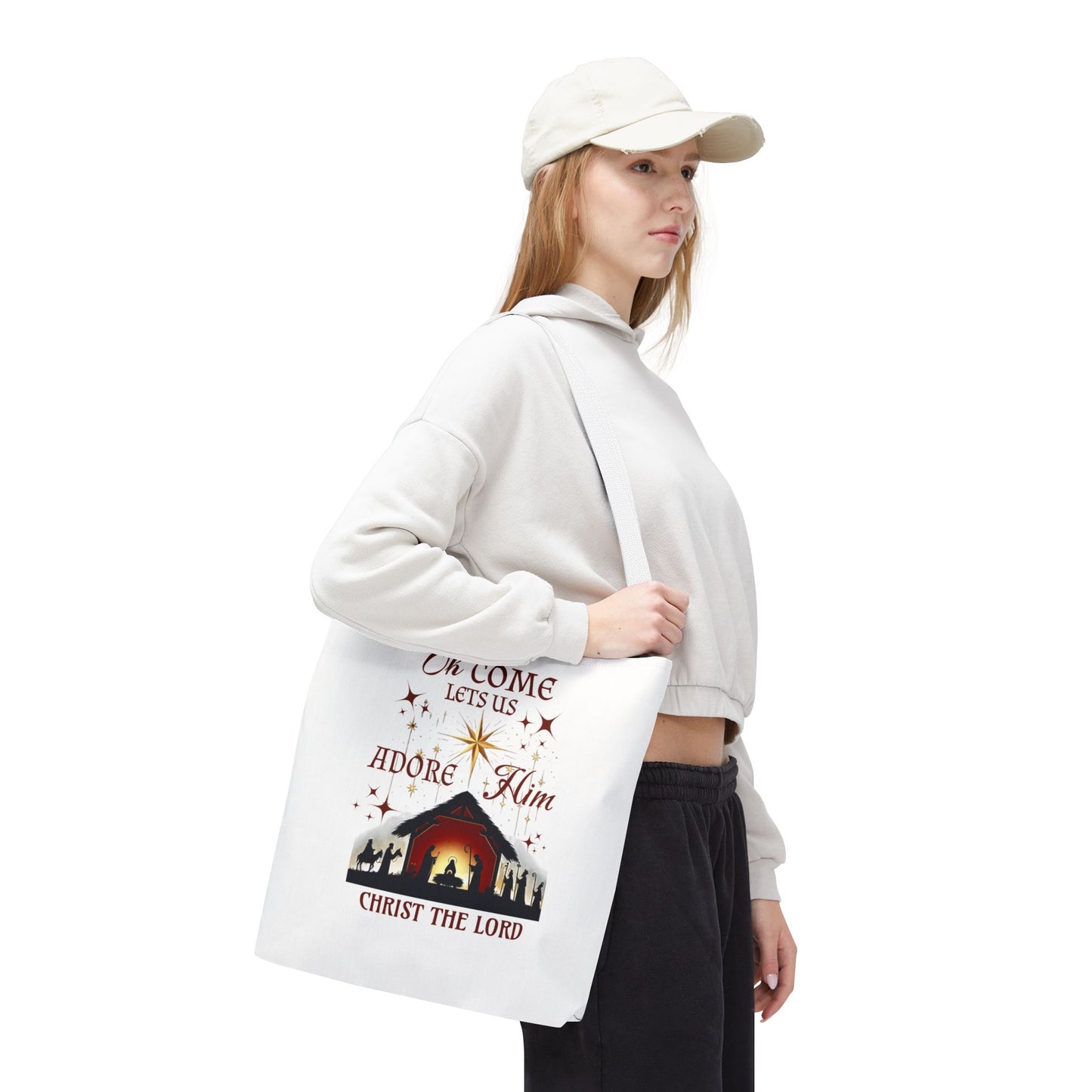 Nativity Scene Tote Bag with 'Oh come let us adore Him, Christ the Lord' Phrase