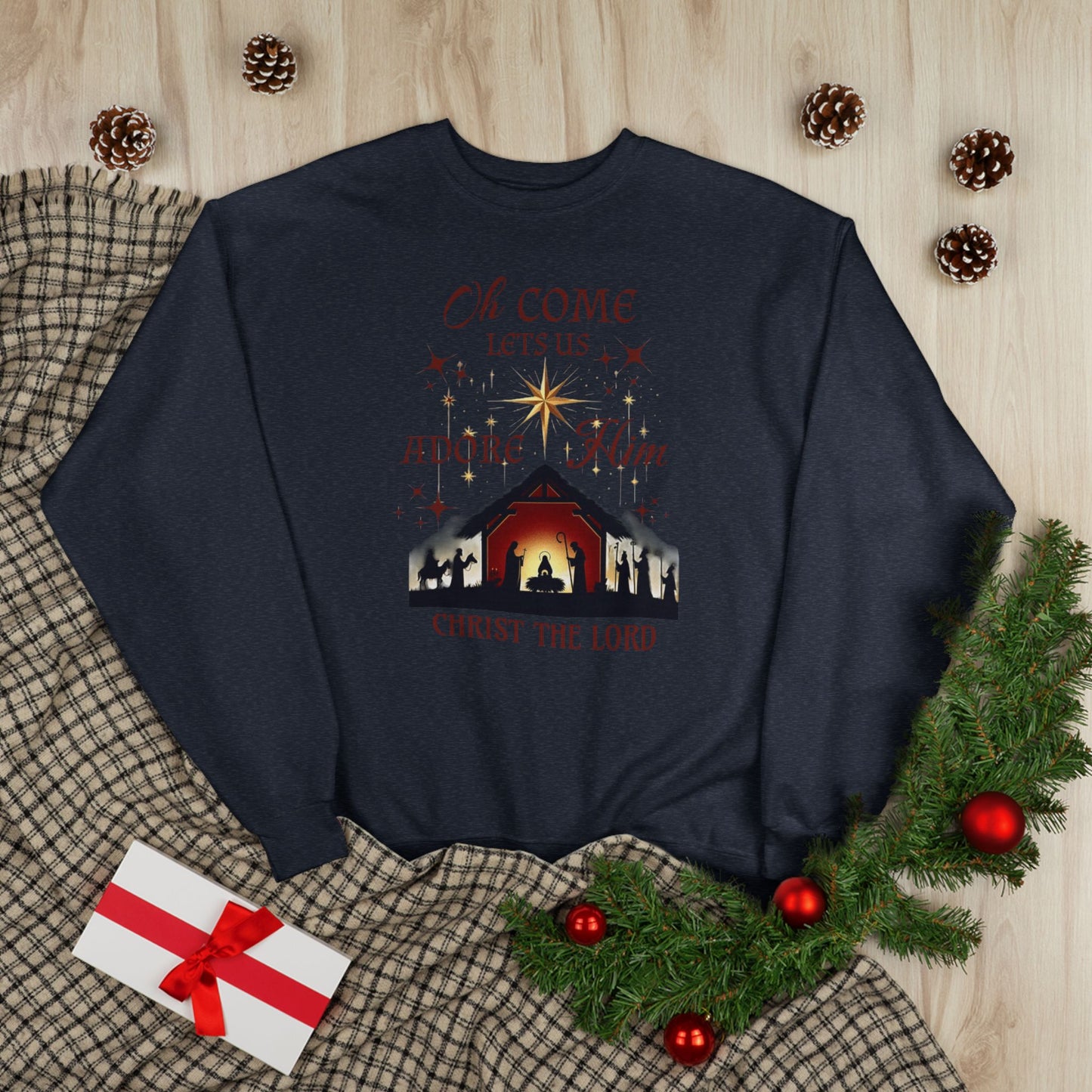 Christmas Nativity Unisex Sweatshirt with 'Oh come let us adore him, Christ the Lord' Design