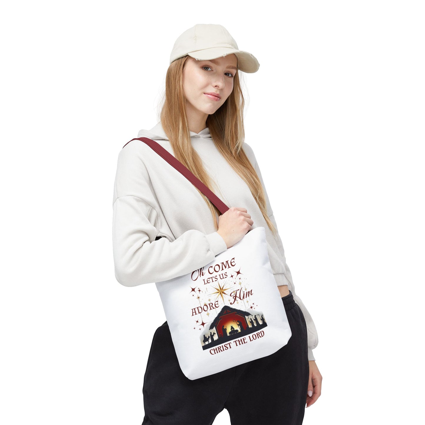 Nativity Scene Tote Bag with 'Oh come let us adore Him, Christ the Lord' Phrase