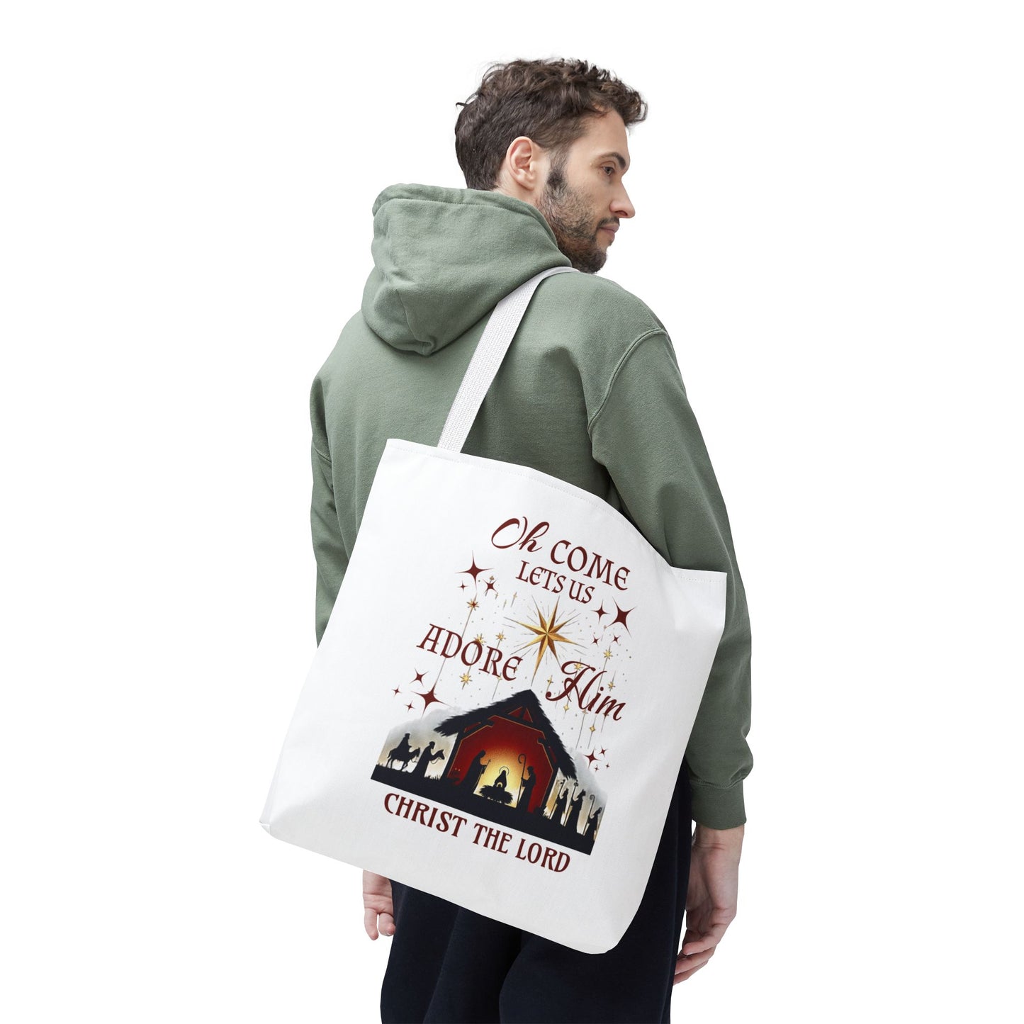 Nativity Scene Tote Bag with 'Oh come let us adore Him, Christ the Lord' Phrase