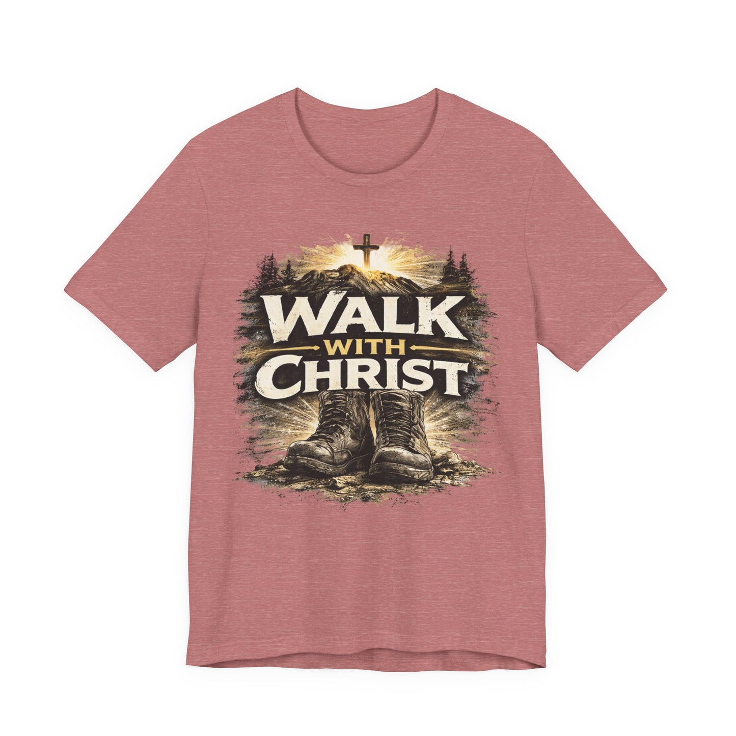 Walk With Christ T-Shirt — Christian Faith Tee with Boots & Cross Design