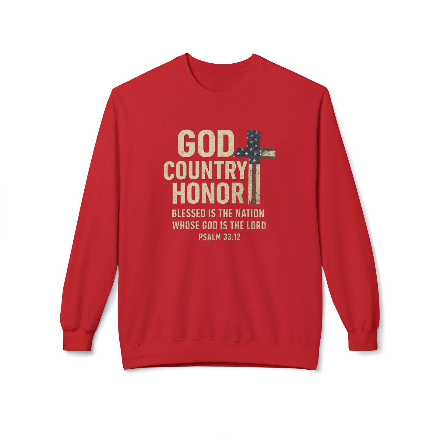 God, Country, Honor with American Flag Shaped Cross Sweatshirt -