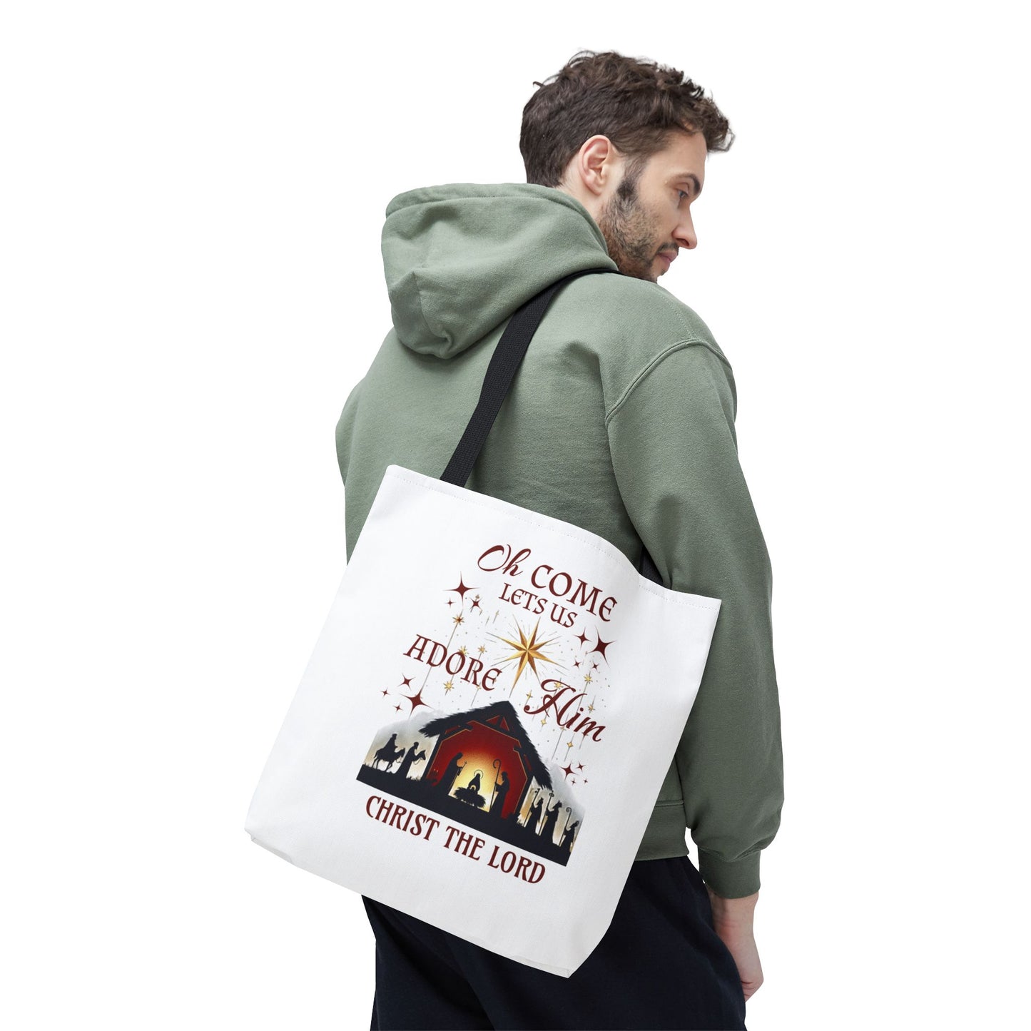 Nativity Scene Tote Bag with 'Oh come let us adore Him, Christ the Lord' Phrase
