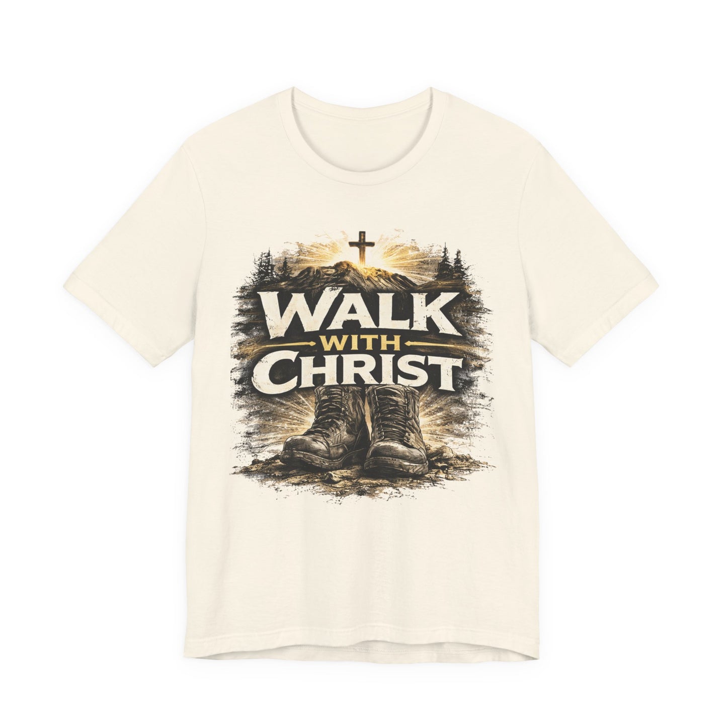 Walk With Christ T-Shirt — Christian Faith Tee with Boots & Cross Design