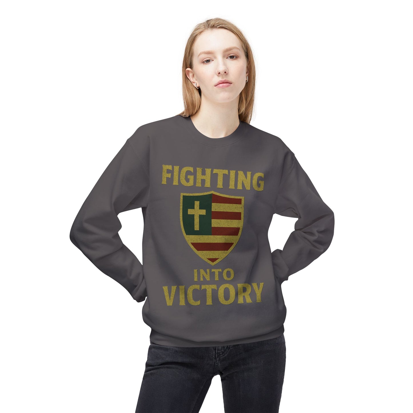 Christian Cross Shield Sweatshirt - Fighting into Victory