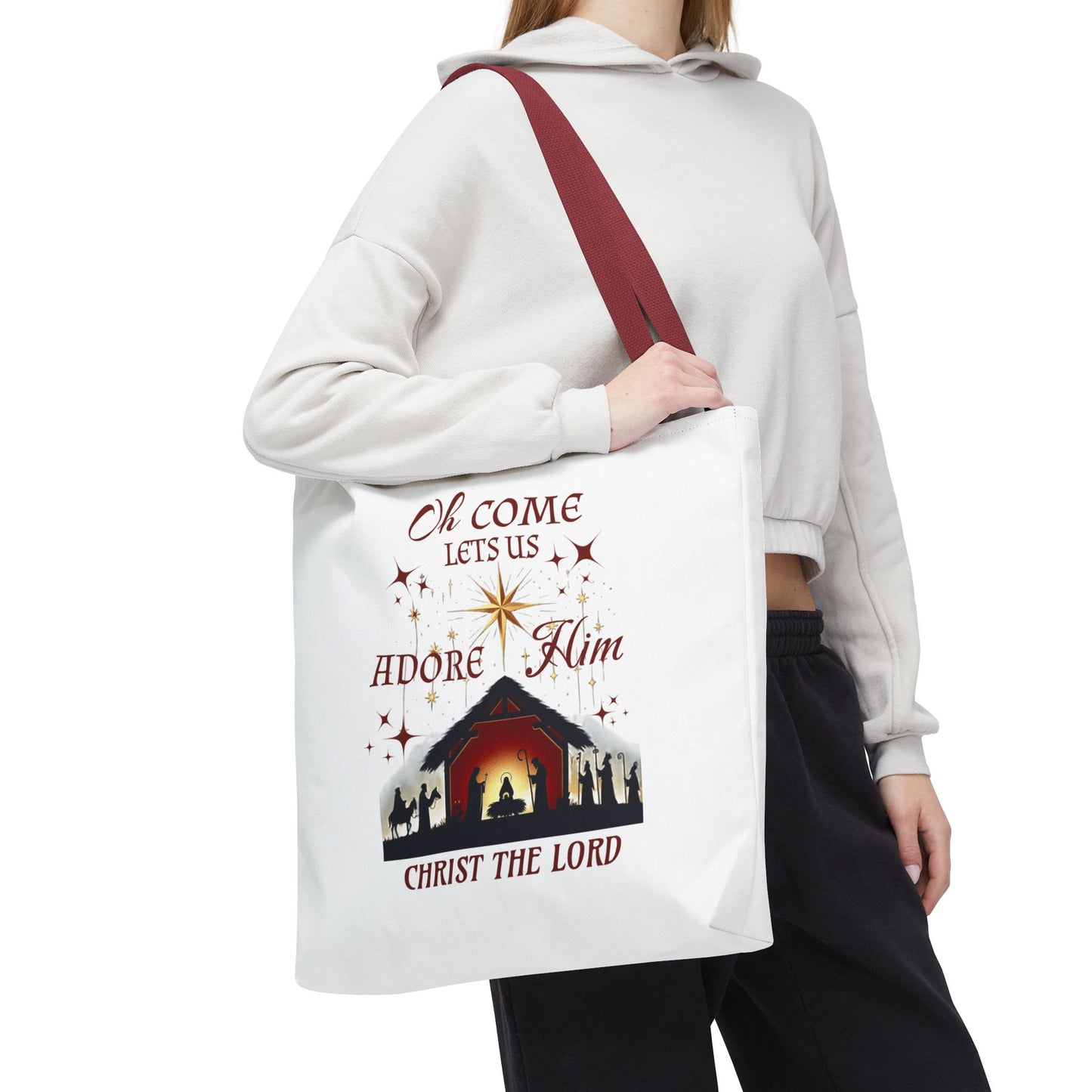 Nativity Scene Tote Bag with 'Oh come let us adore Him, Christ the Lord' Phrase