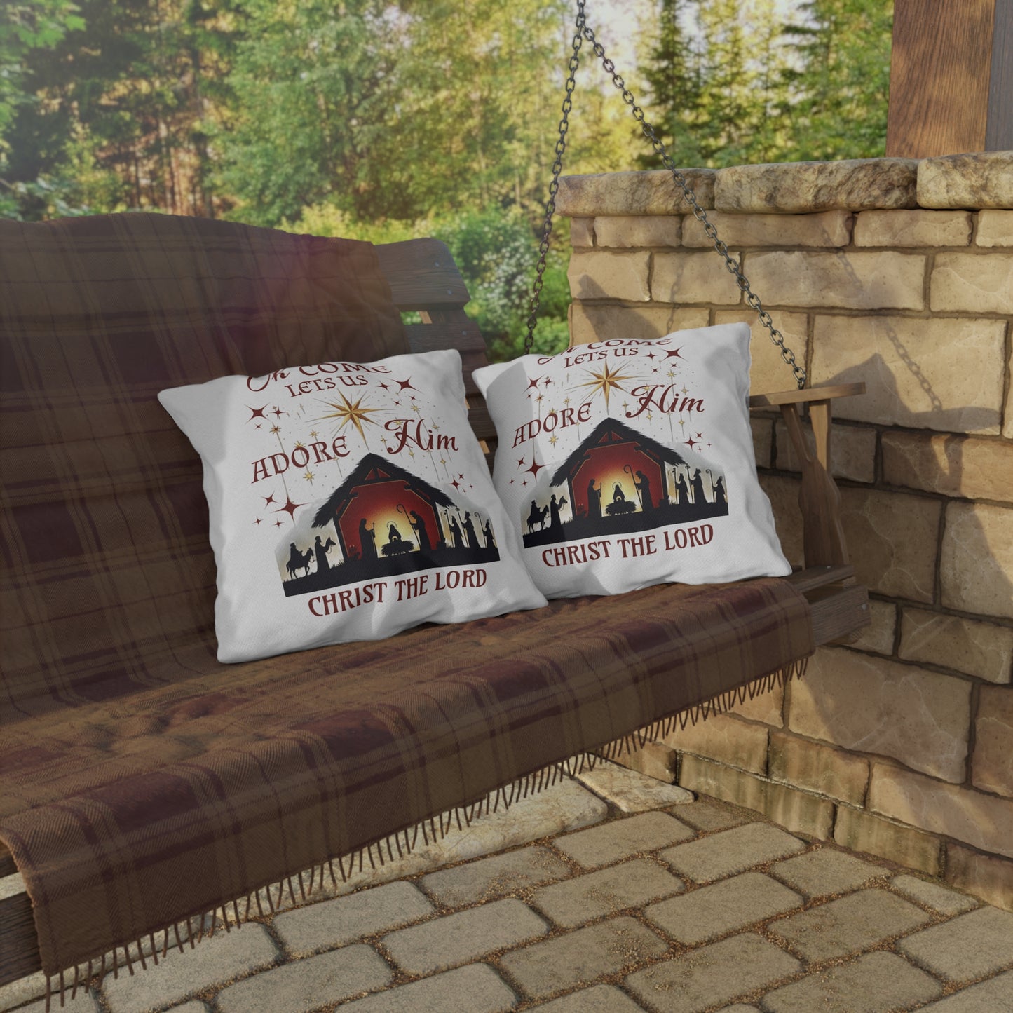 Outdoor Pillows - Nativity scene with 'Oh come let us adore Him, Christ the Lord'