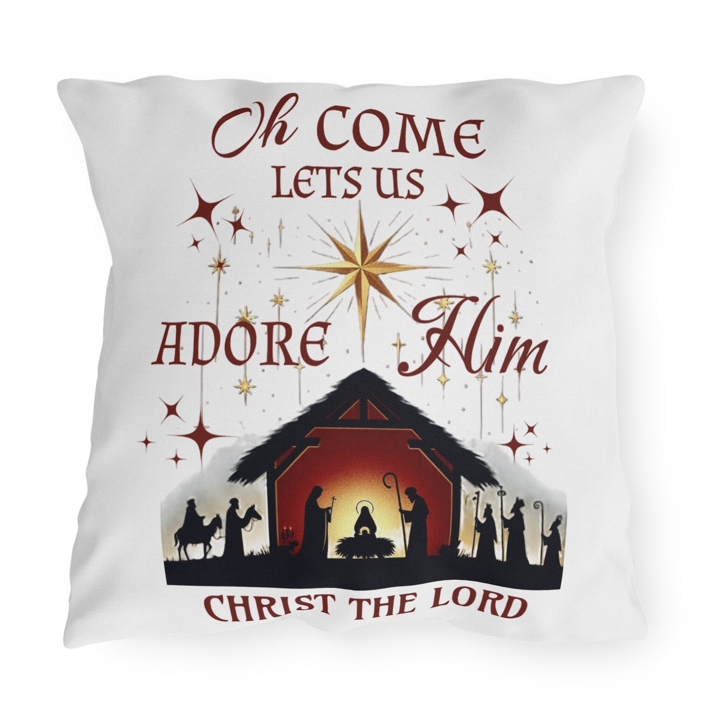 Outdoor Pillows - Nativity scene with 'Oh come let us adore Him, Christ the Lord'
