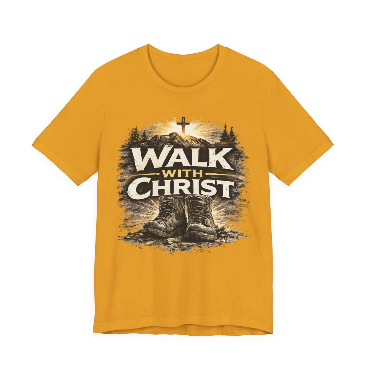 Walk With Christ T-Shirt — Christian Faith Tee with Boots & Cross Design
